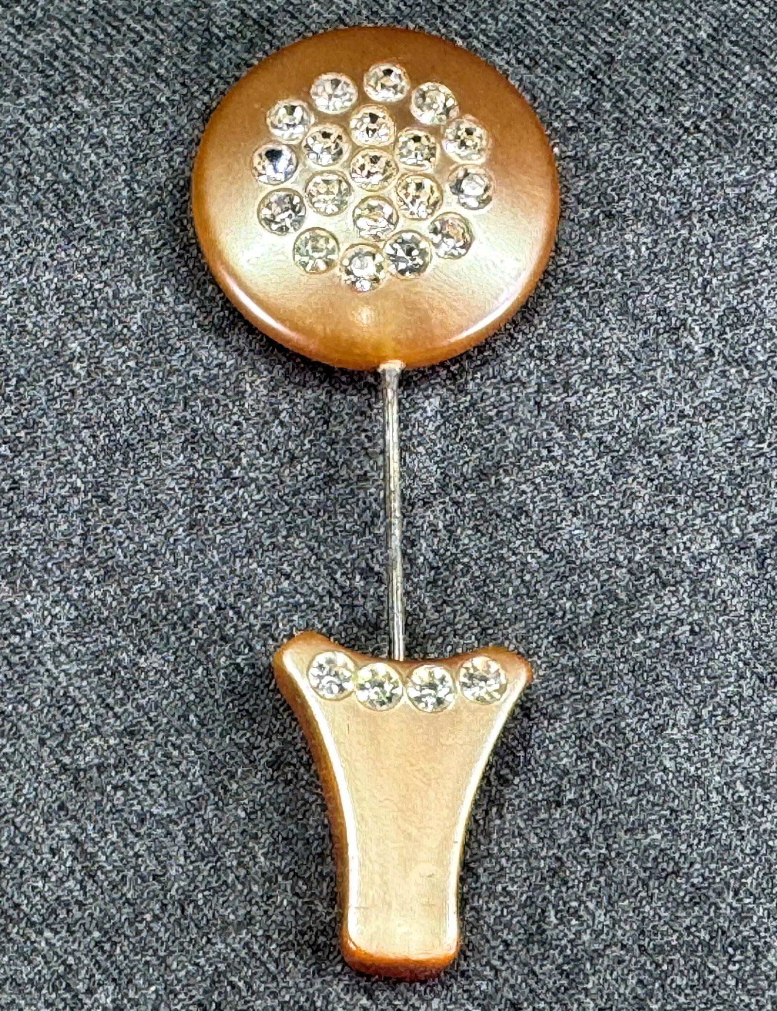 Vintage clear rhinestones pearly beige celluloid flower pot jabot pin