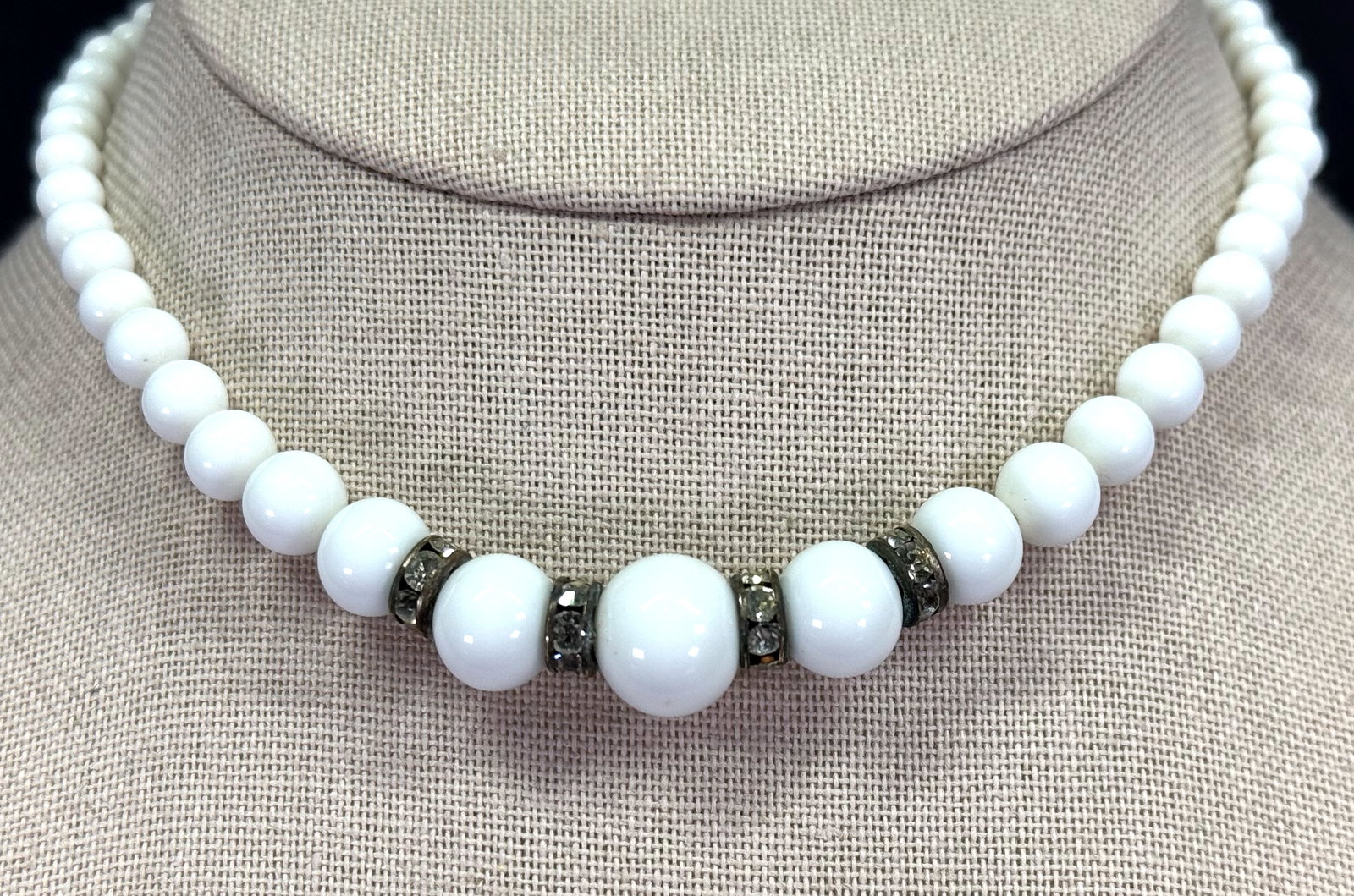 Vintage Japan jeweled crystals metal rondelles, milky white glass beads choker necklace