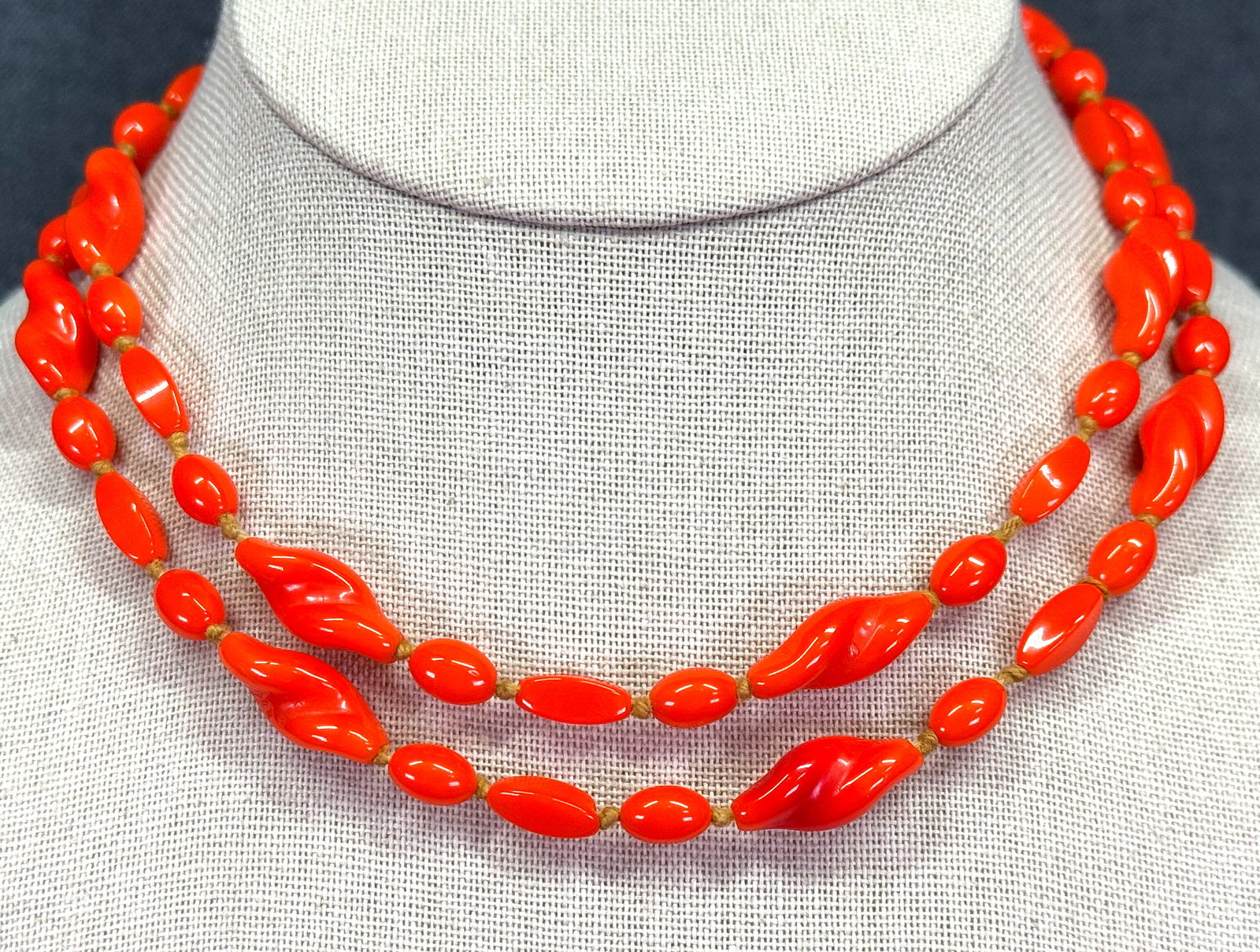 Vintage 50s hand knotted in between orange glass necklace