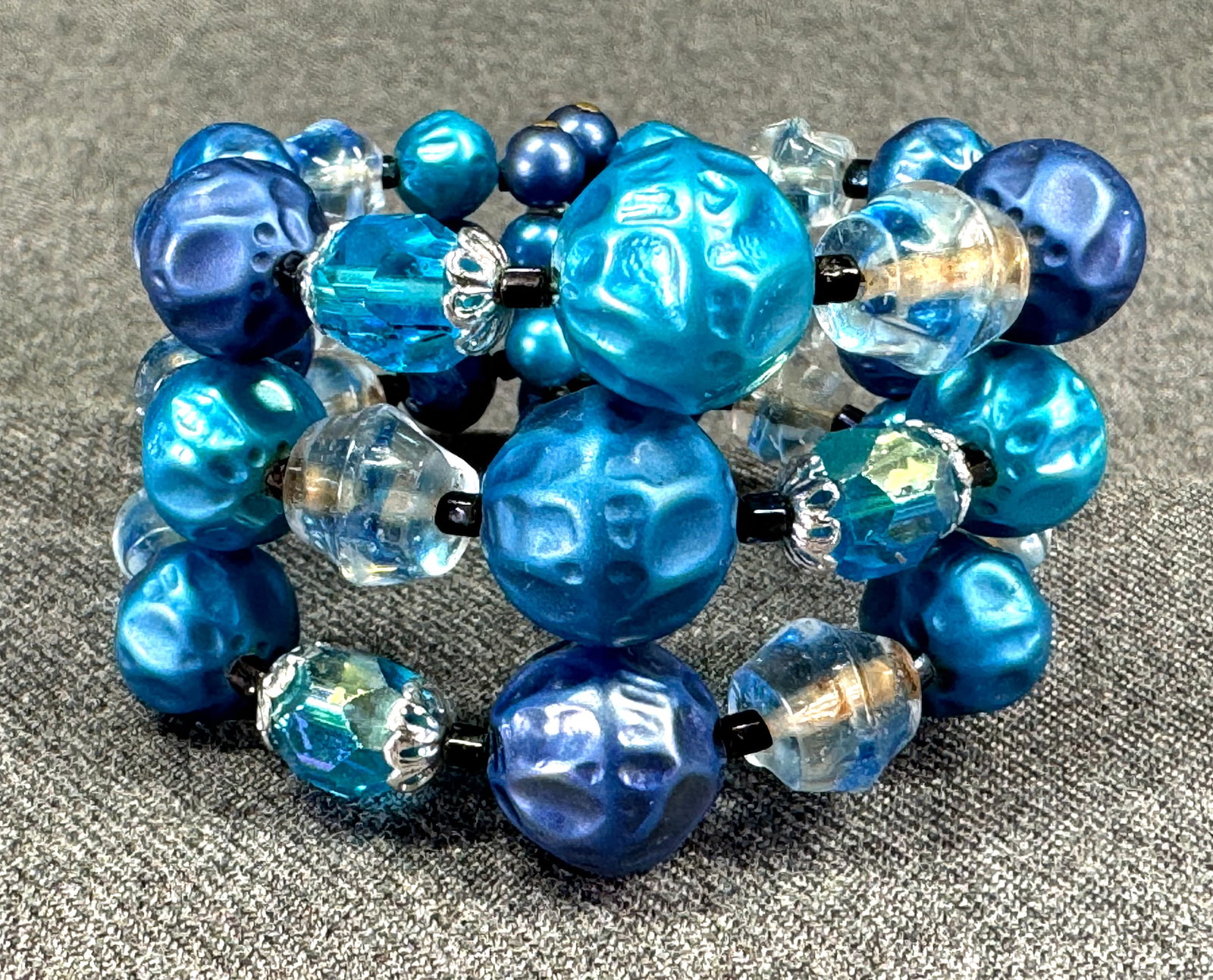 Vintage assorted bluish pearly & glass beads 3 strands wired wrap bracelet