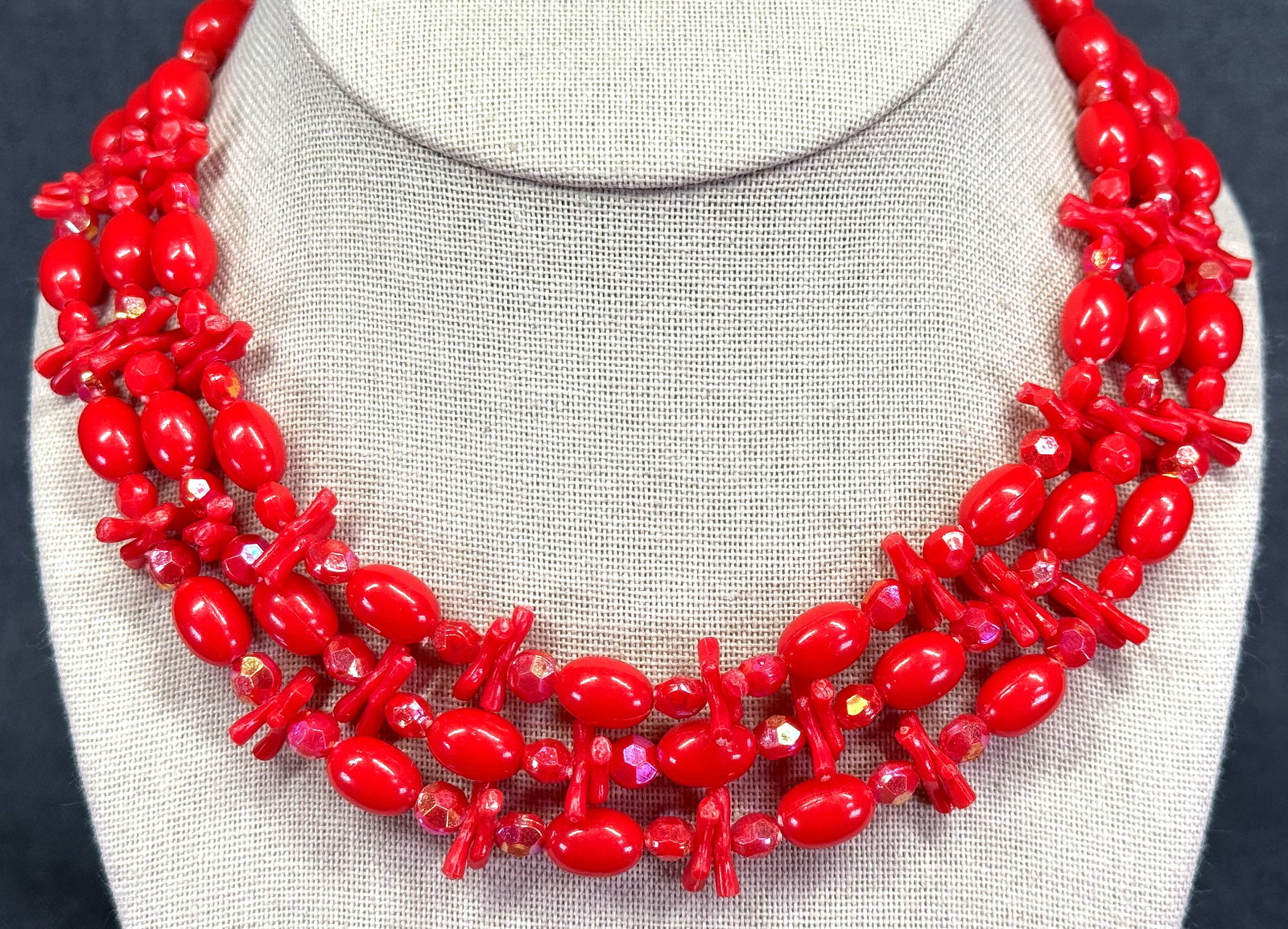 Vintage H Kong red plastic beads collar bib necklace. Assorted beads, 3 strands. *e (1 of 7)