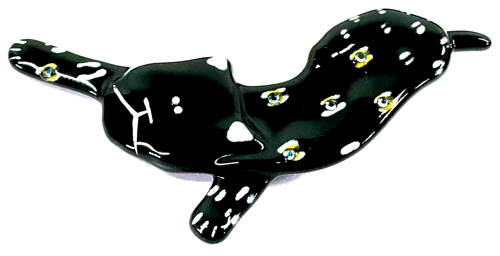 Vintage artsy sky blue crystals white accents black resin cat kitten pin brooch.