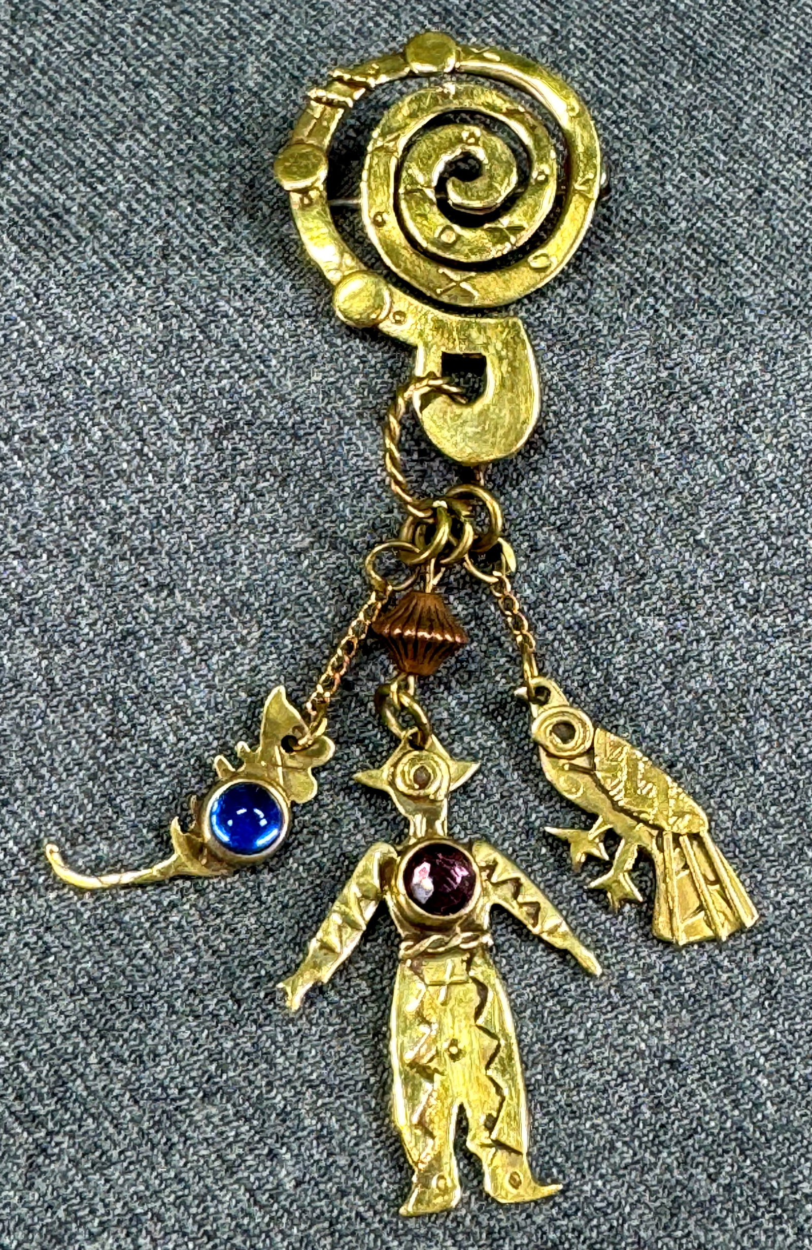 Vintage Deborah Roberts jeweled man, mouse & bird dangles goldtone pin brooch
