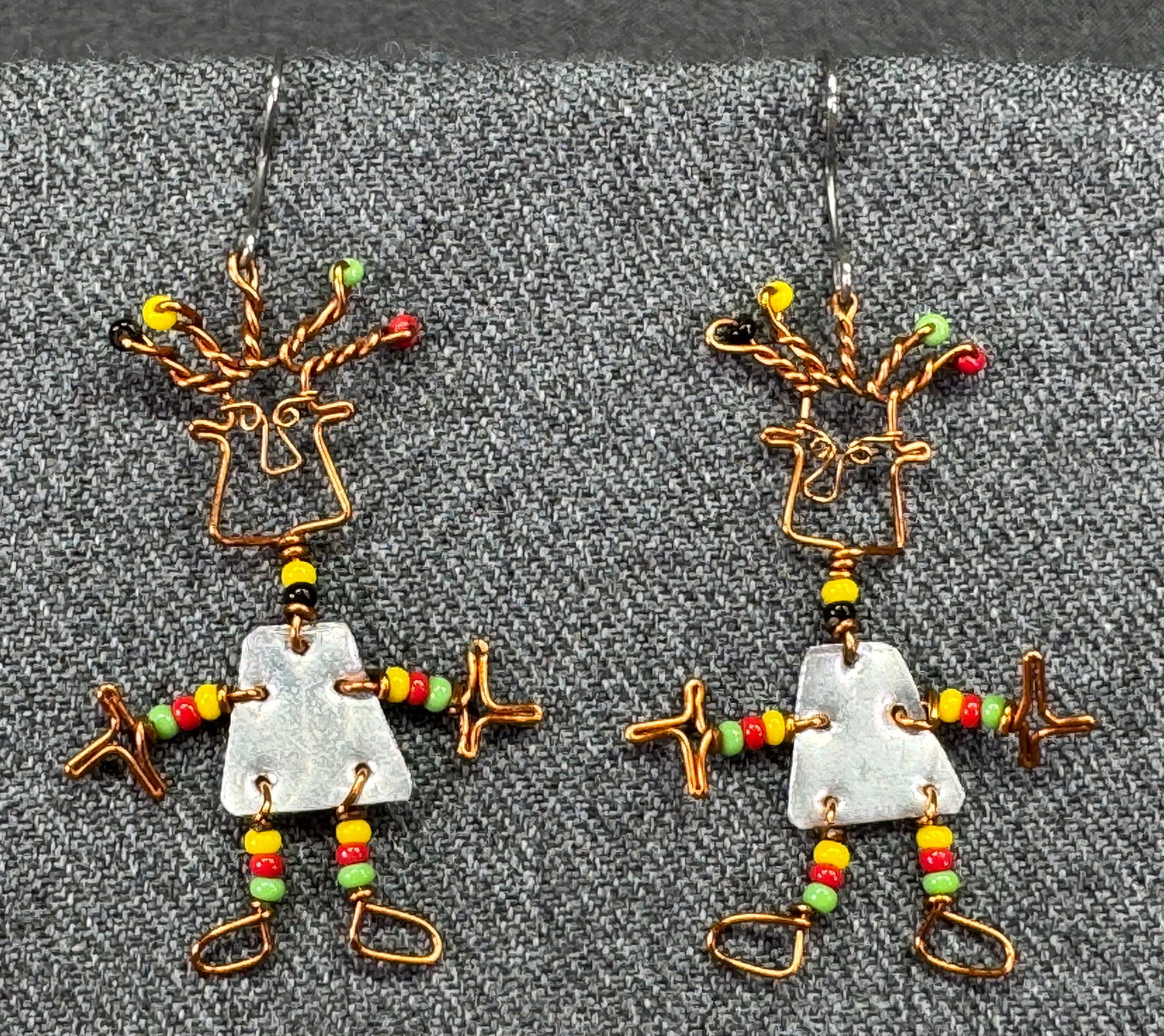 Vintage artisan metal and glass beads figural hook earrings