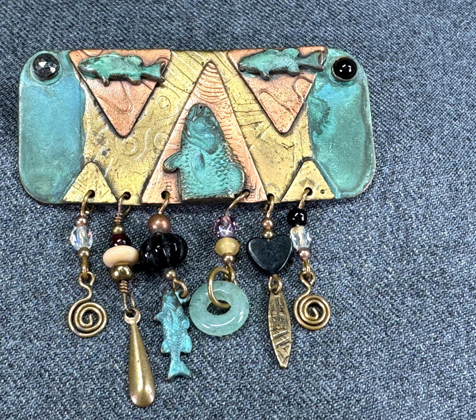 Vintage artsy fish theme multimetal with dangles brooch pin (1 of 7)