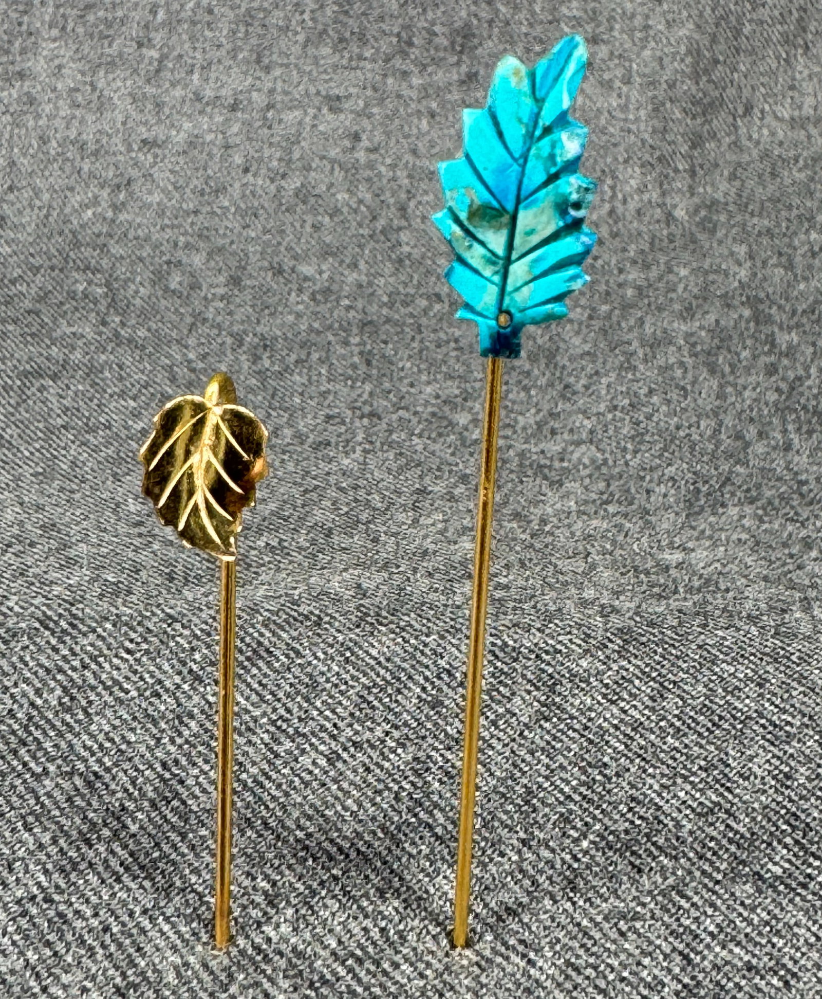 Vintage Leaf Stick Pins. Carved Reconstituted Turquoise, Gold-tone. *i
