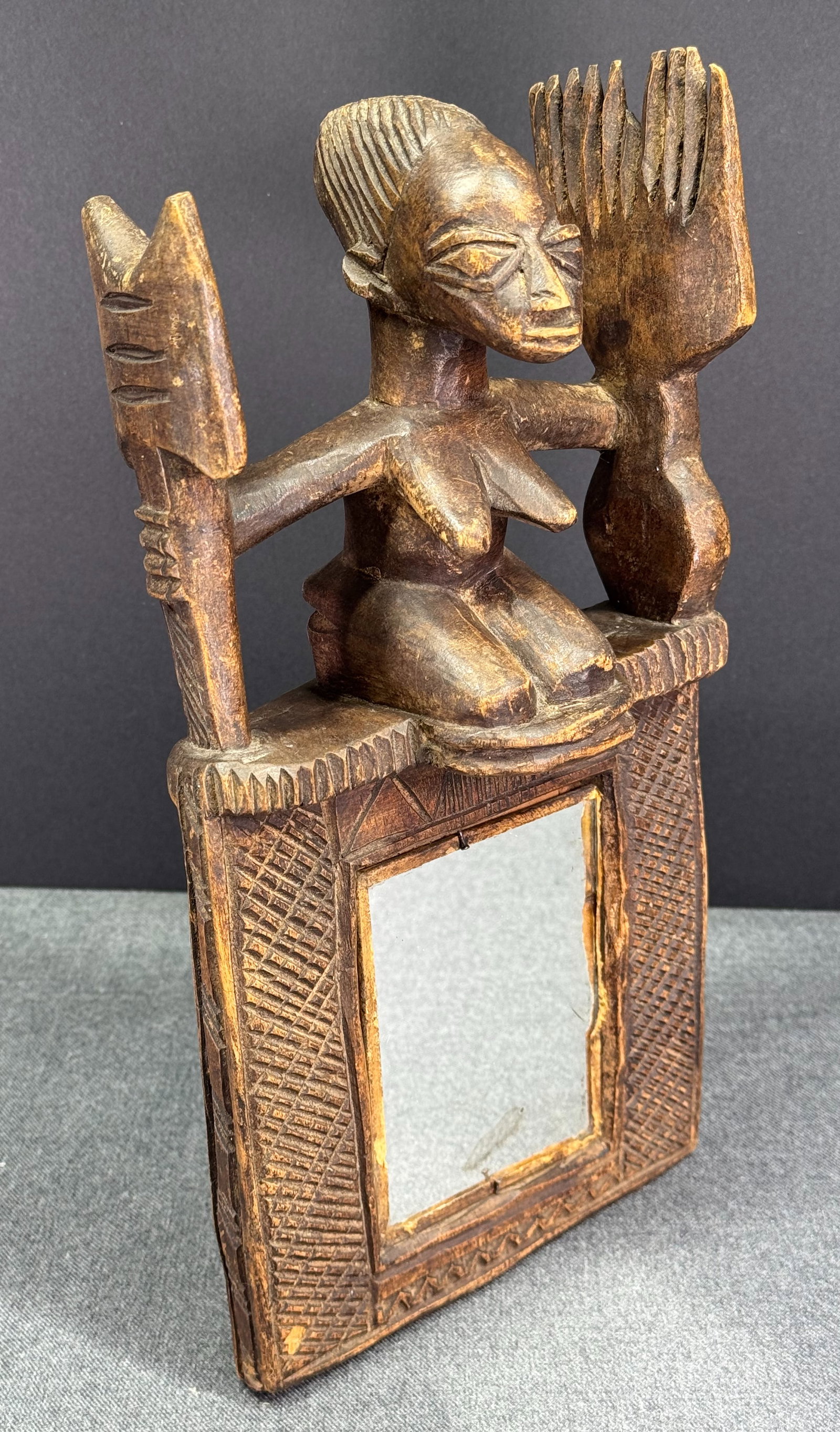 African Yoruba Nigeria Mirror. Carved wood, mirror glass: IN HOUSE FLAT SHIPPING & HANDLING COST WITHIN ALL THE U.S. : $16 To bypass LiveShipping, and use our In-House shipping service for $16 or shipping combined for multiple lots, please select “Arra