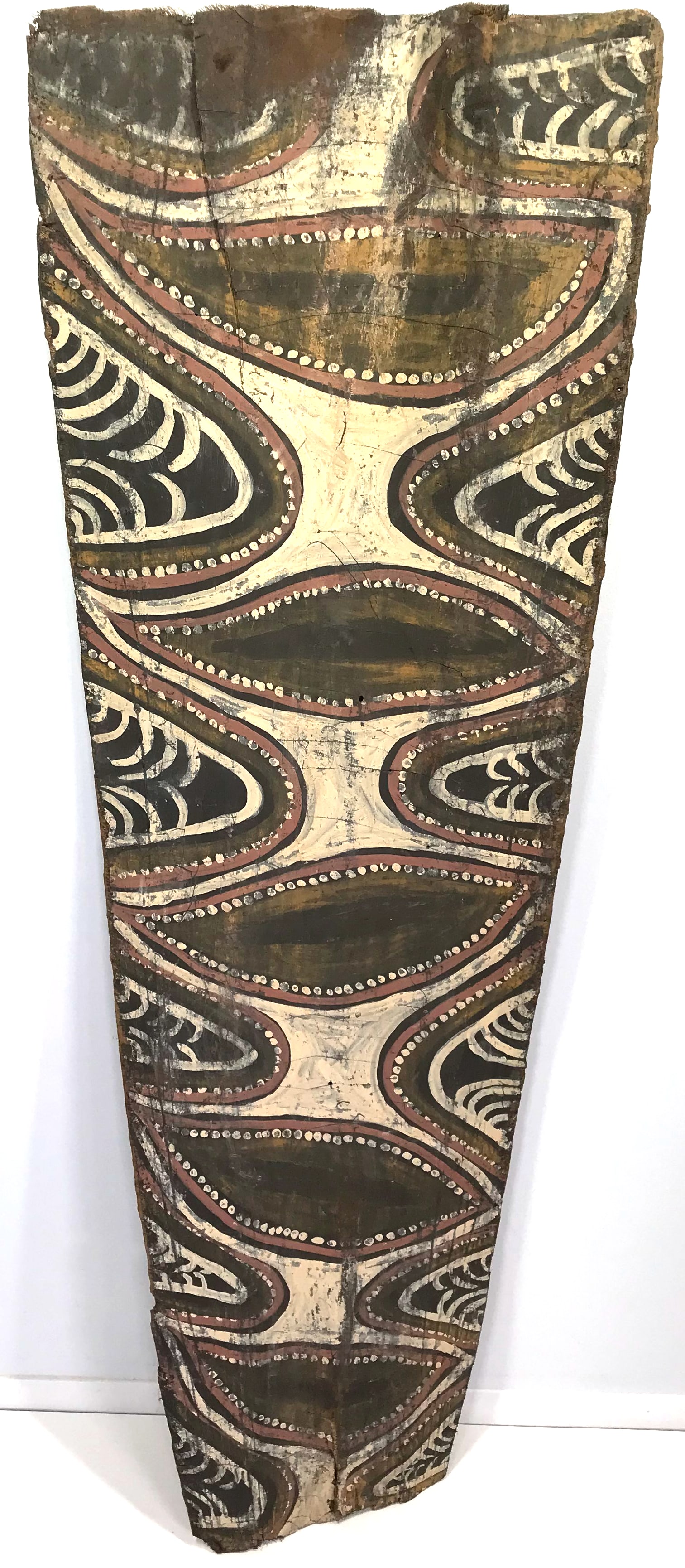 Papua New Guinea Ceremonial House Panel Painting 49x15": IN HOUSE FLAT SHIPPING & HANDLING COST WITHIN ALL THE U.S. : $90 To bypass LiveShipping, and use our In-House shipping service for $90 or shipping combined for multiple lots, please select “Arra