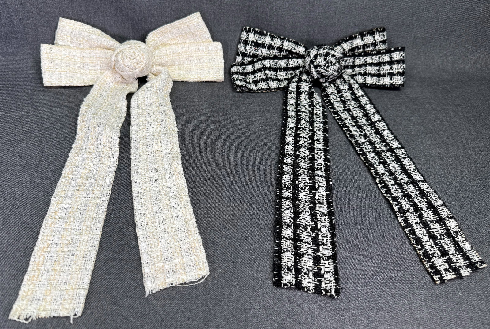 Oversized Tweed Rosette Hair Bow Barretes, Cream & Plaid. *K
