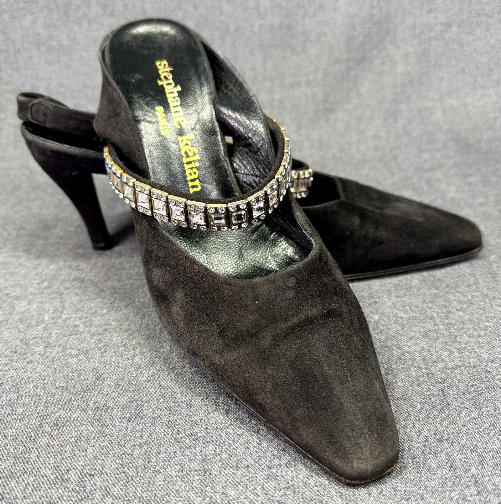 Stephane Kelian Black Suede Jeweled Strap Shoes *c