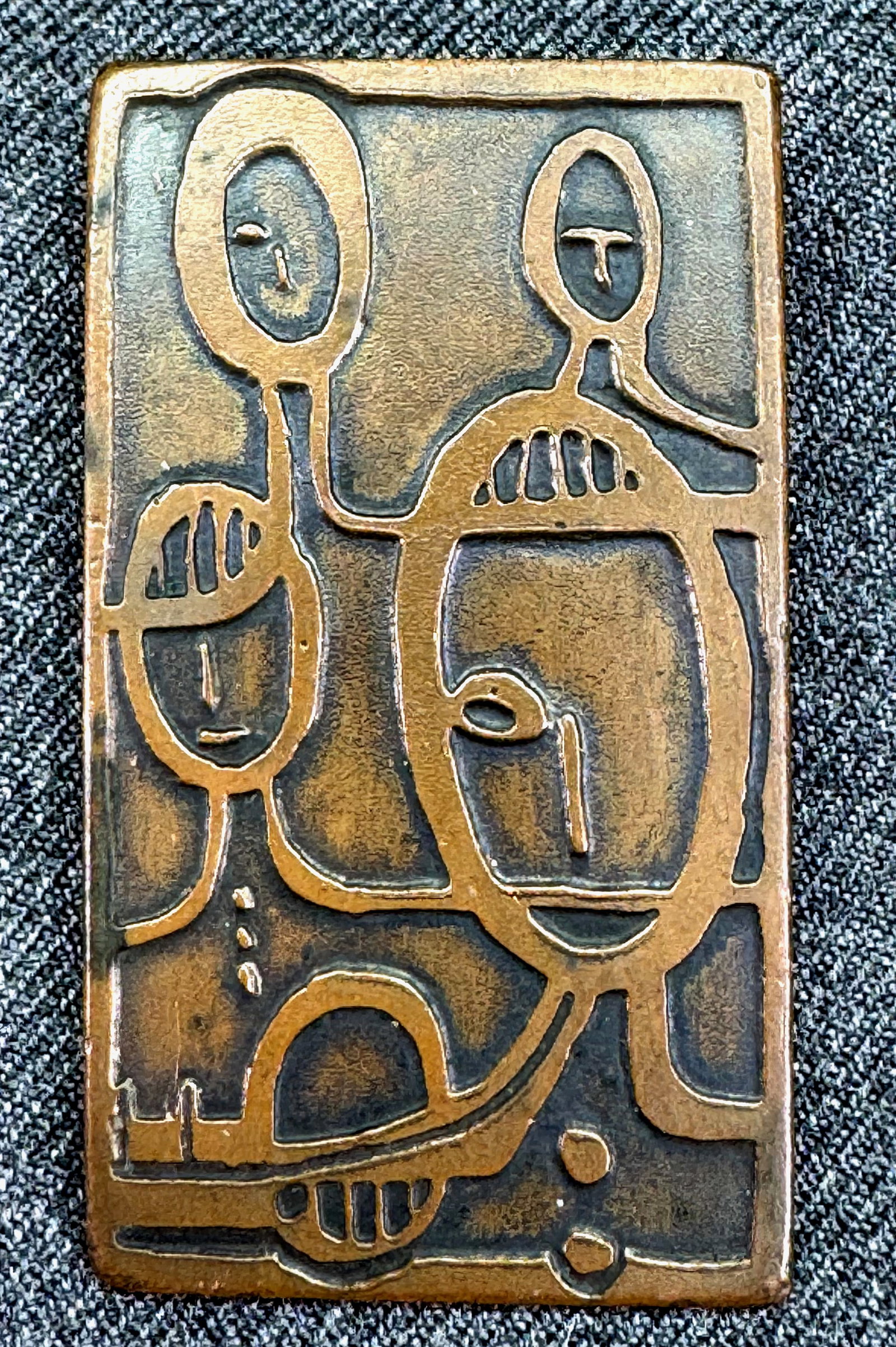 Vintage MCM L. Tarachas etched copper faces brooch pin