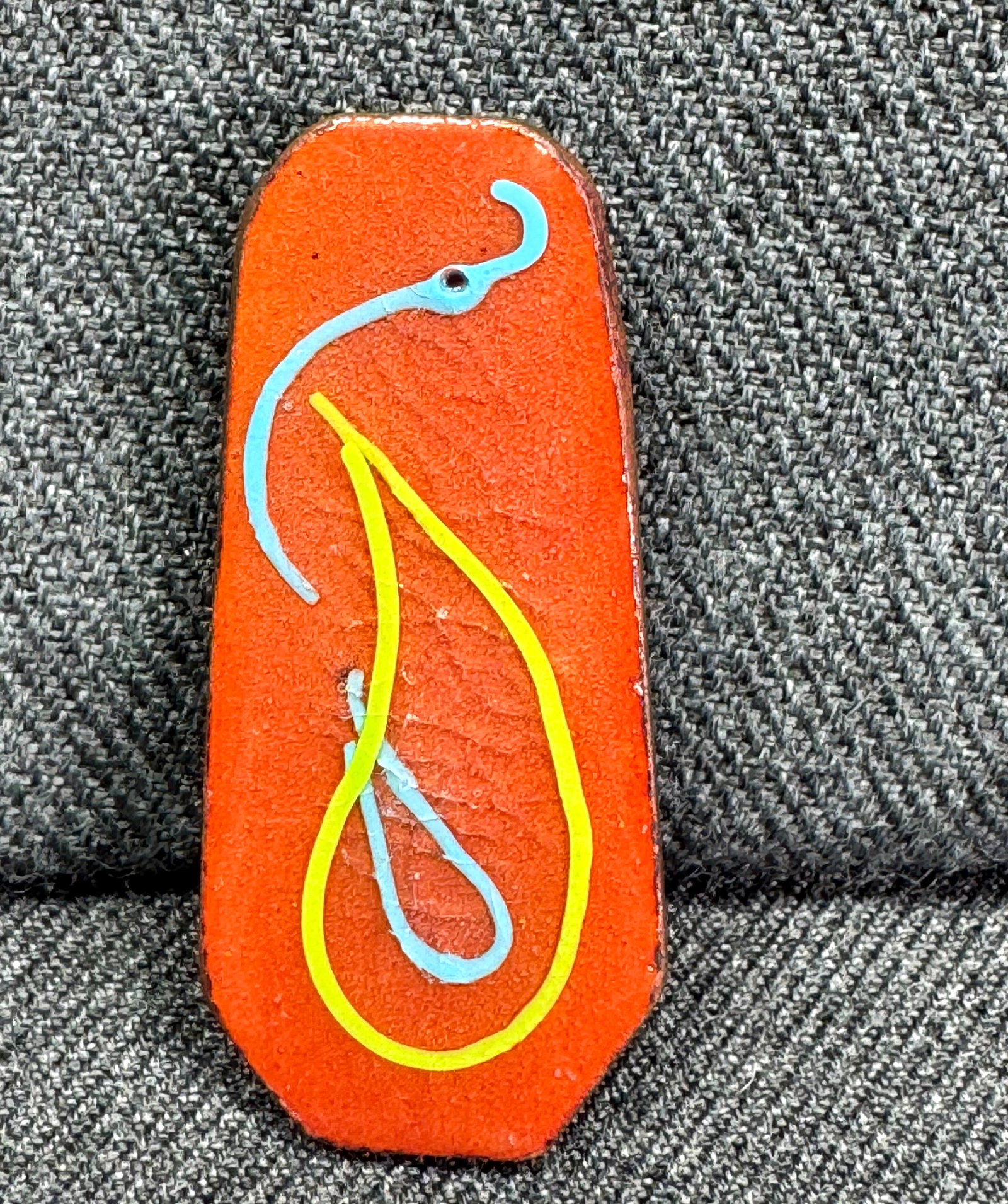 Vintage MCM L. Tarachas enamel on copper bird in orange brooch pin