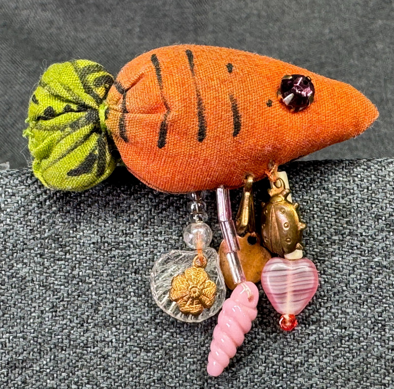 Whimsical Handmade Fabric Carrot Fish Pin Brooch with Charms. *K (1 of 4)