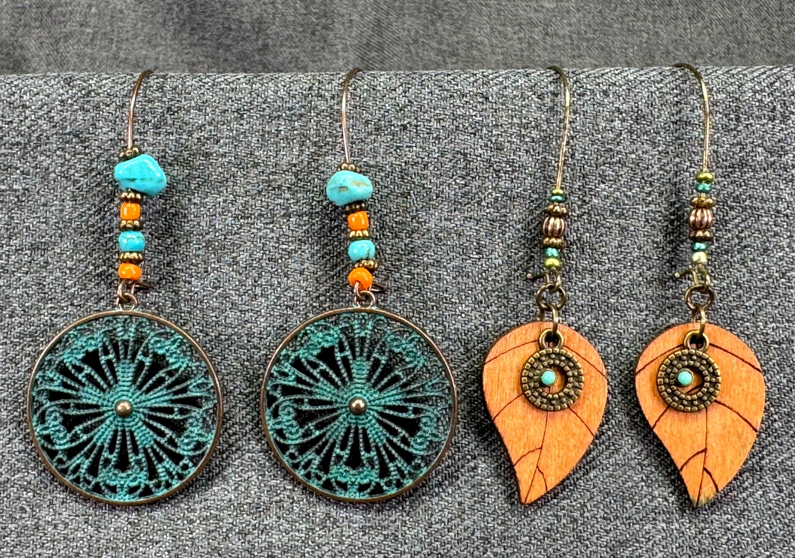 Boho Dangle Earring Lot Turquoise Filigree & Wood Leaf Set. *i