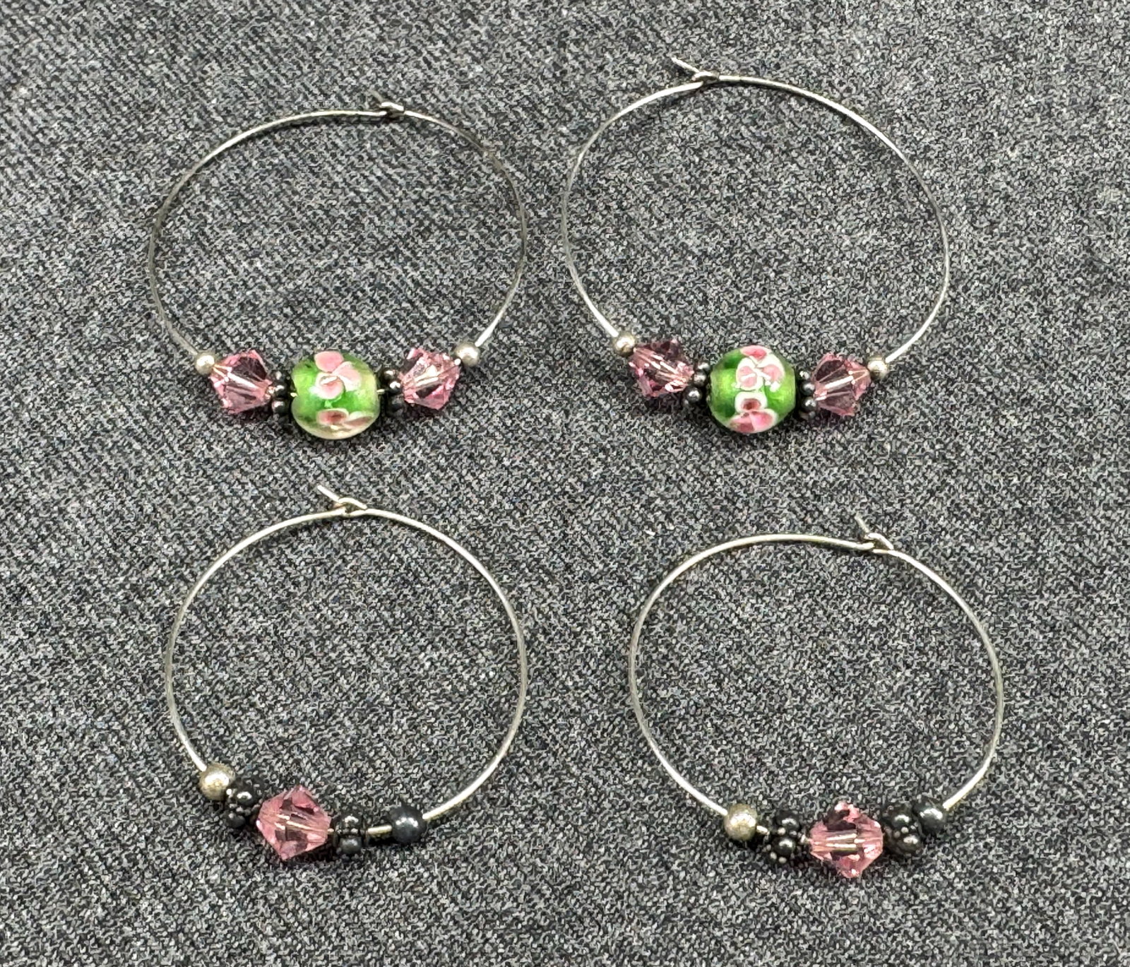 Vintage Boho Floral glass, Crystal Sterling Bead Wire Hoop Earrings. Silver-Tone wire. *i