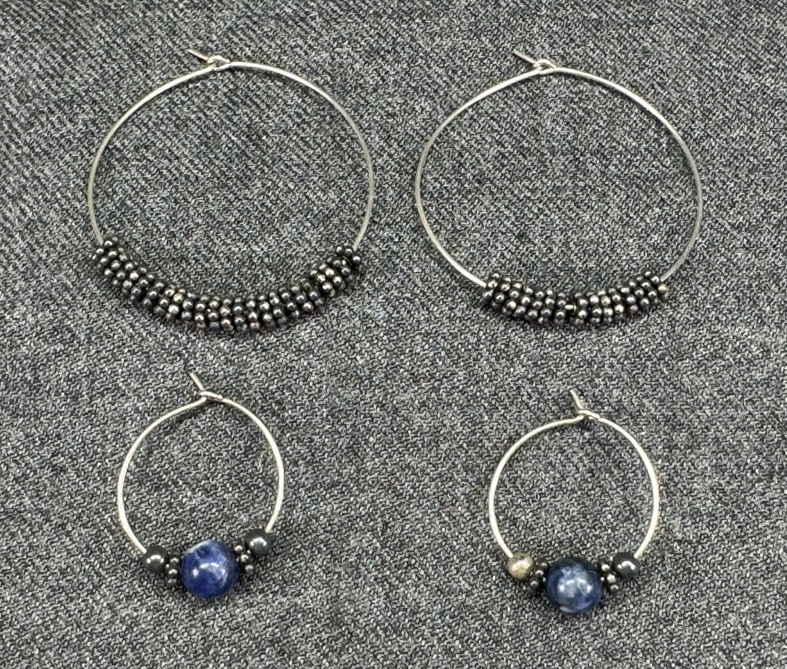 Vintage Boho Blue Sodalite Lapis, Caviar Sterling Bead Wire Hoop Earrings. Silver-Tone wire. *i