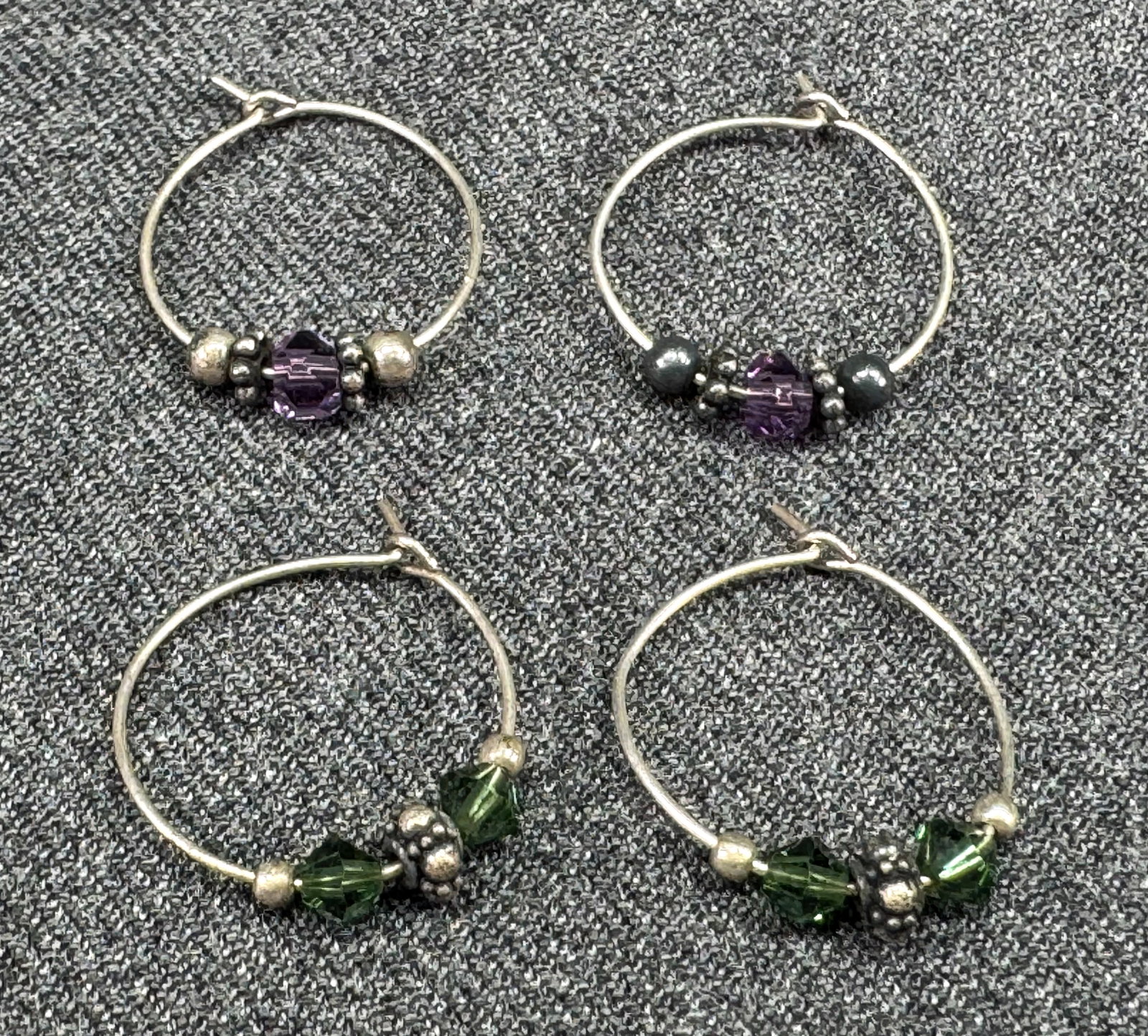 Vintage Boho Crystal, Sterling Bead Wire Hoop Earrings. Silver-Tone wire. *i