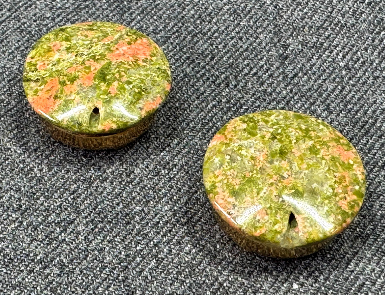 Vintage unakite stone gold-toned metal button covers. Lot of 2
