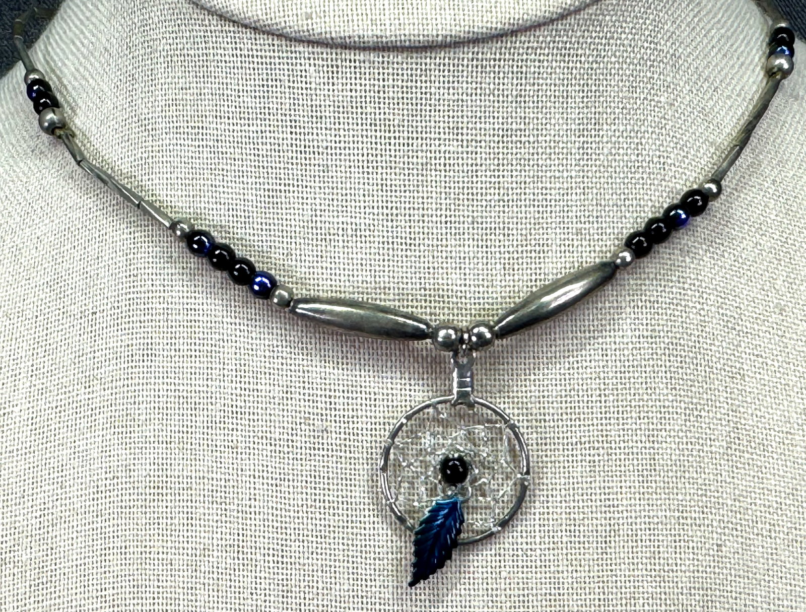 Vintage Native American style dreamcatcher glass ,liquid silver necklace. *c