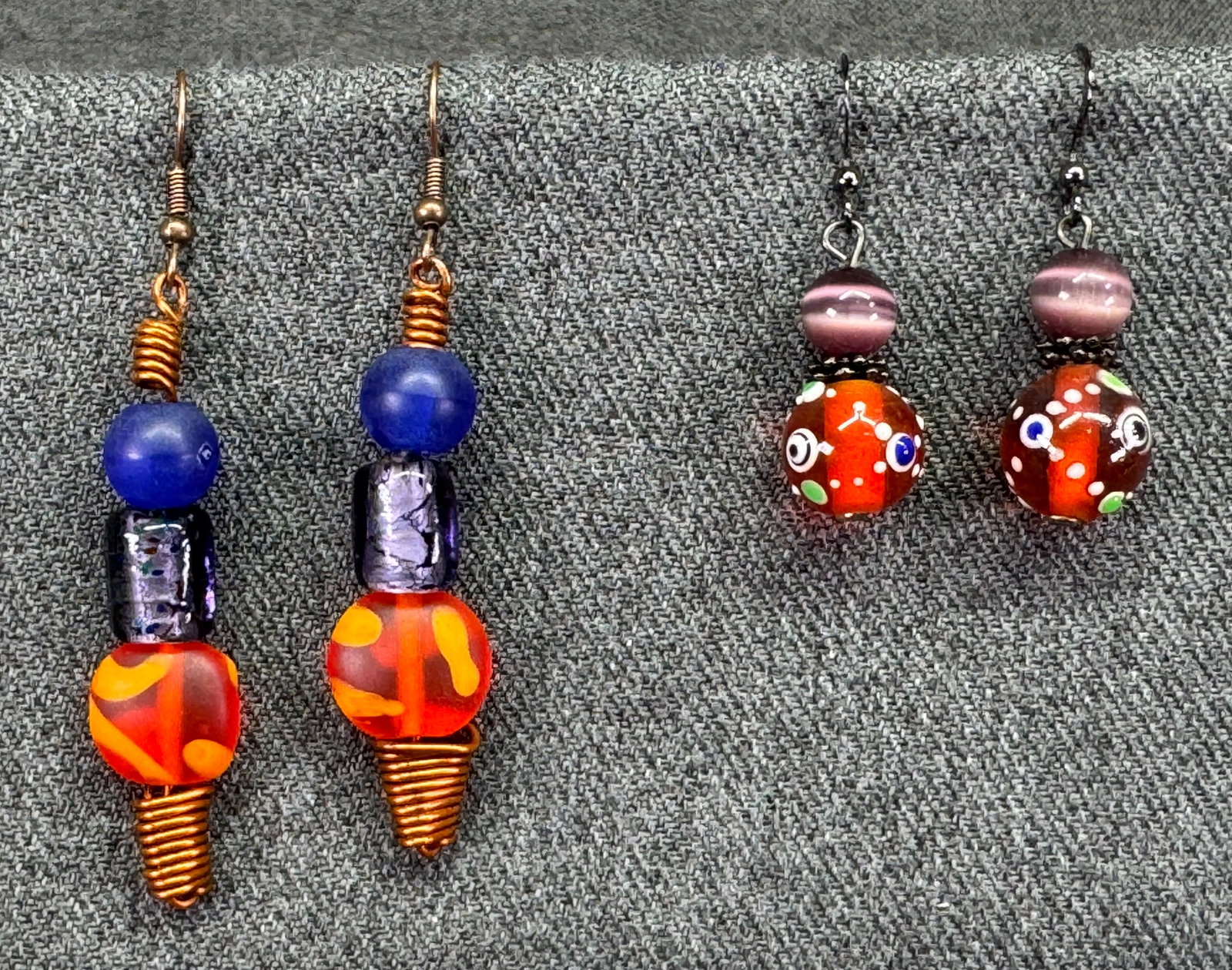 Vintage artsy dichroic & assorted glass beads drop hook earrings. Lot of 2