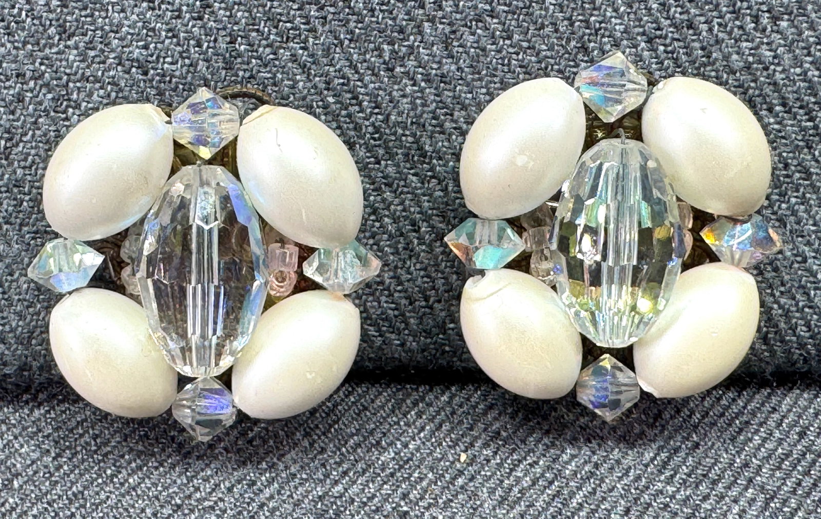 Vintage pearly & AB crystals beads clip on earrings