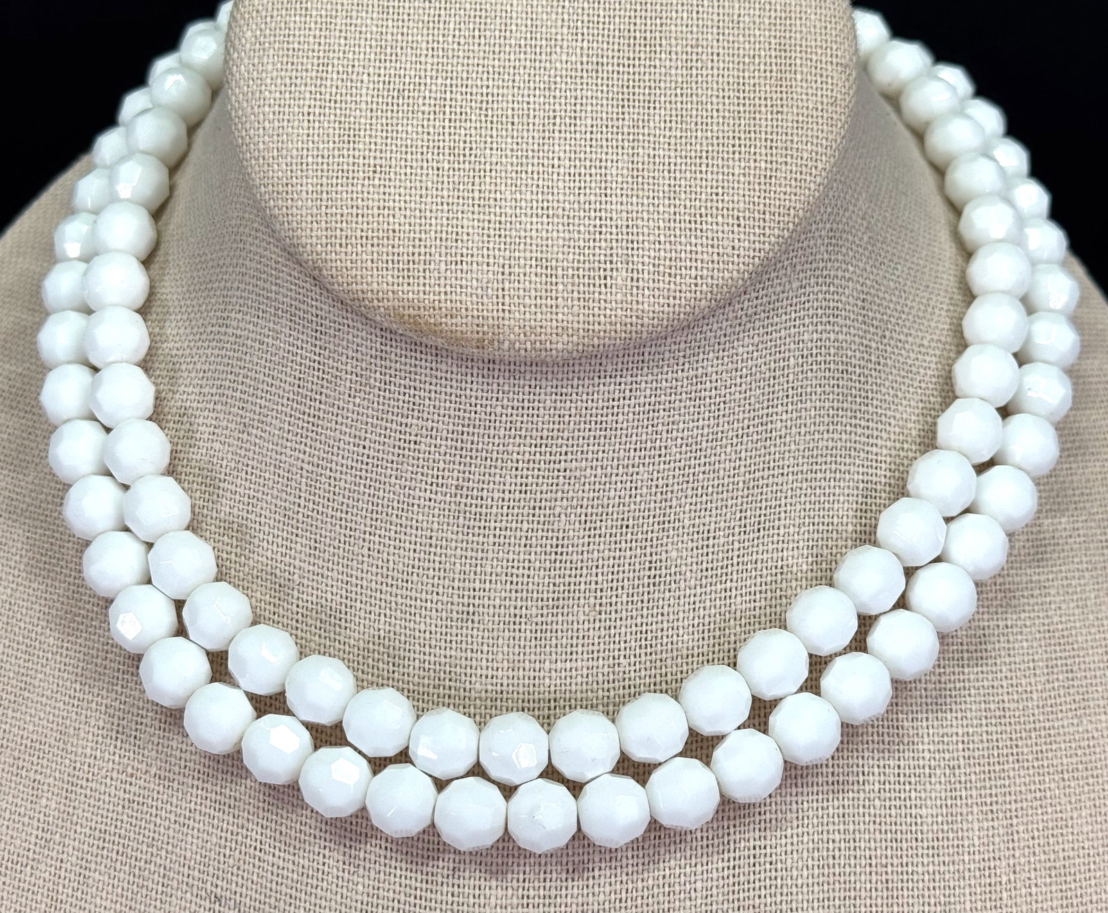 Vintage faceted milky white glass beads 2 strands necklace