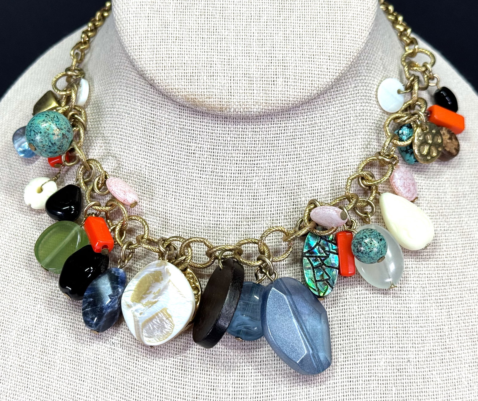 Coldwater Creek assorted colors and materials dangles goldtone chain collar necklace: IN HOUSE FLAT SHIPPING & HANDLING COST WITHIN ALL THE U.S. : $7 To bypass LiveShipping, and use our In-House shipping service for $7 or shipping combined for multiple lots, please select “Arrang