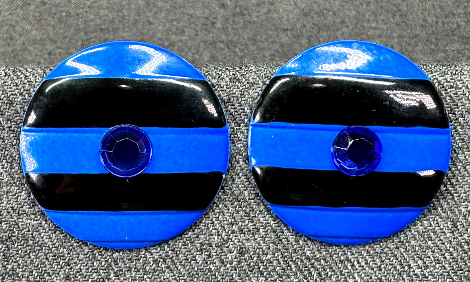 Vintage jeweled blue & black striped enamel metal stud earrings. *c