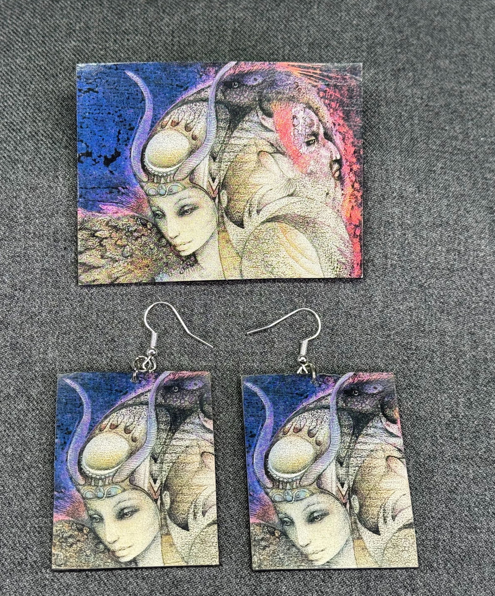 Isis Goddess brooch pin & hook earrings. Paper print on wood: IN HOUSE FLAT SHIPPING & HANDLING COST WITHIN ALL THE U.S. : $7 To bypass LiveShipping, and use our In-House shipping service for $7 or shipping combined for multiple lots, please select “Arrang