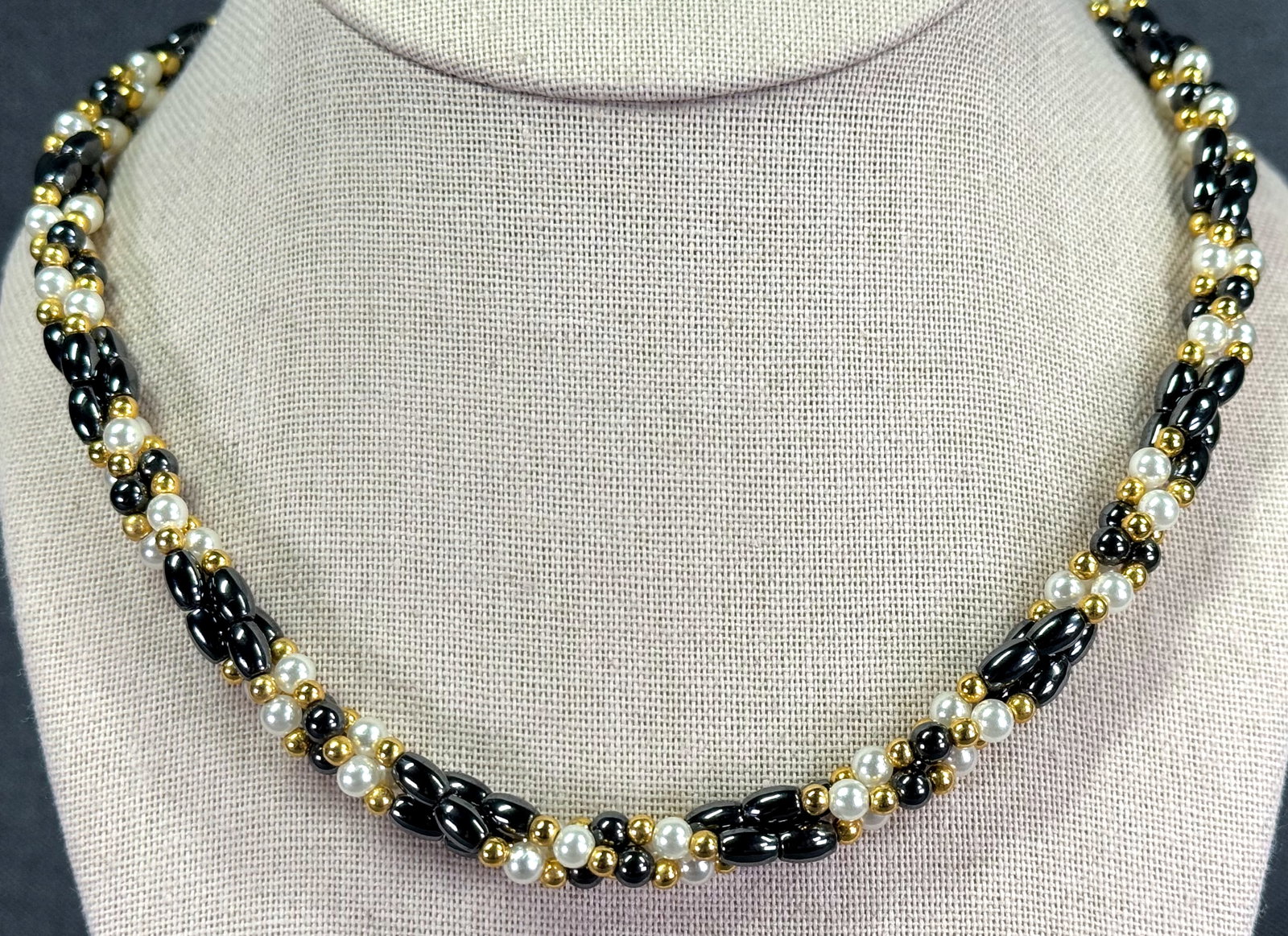 Vintage pearly, hematite stone and goldtoned metal woven beads necklace
