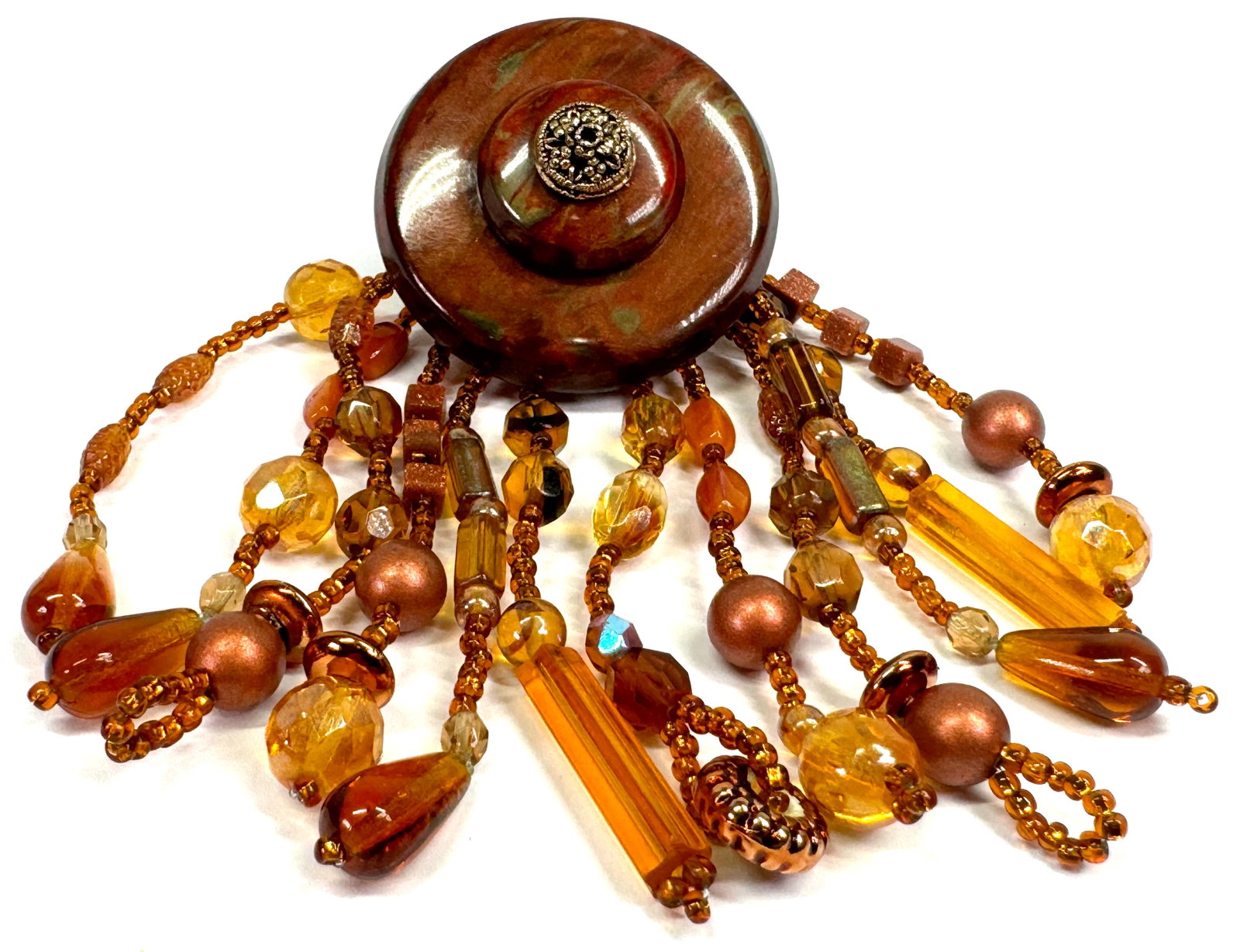 Vintage artsy celluloid button with glass & pearly beaded fringe large brooch: IN HOUSE FLAT SHIPPING & HANDLING COST WITHIN ALL THE U.S. : $7 To bypass LiveShipping, and use our In-House shipping service for $7 or shipping combined for multiple lots, please select “Arrang