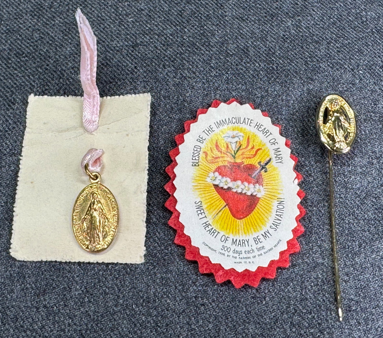 Vintage Our Sacred Heart detente and Mary Immaculate Conception stick pin and medal