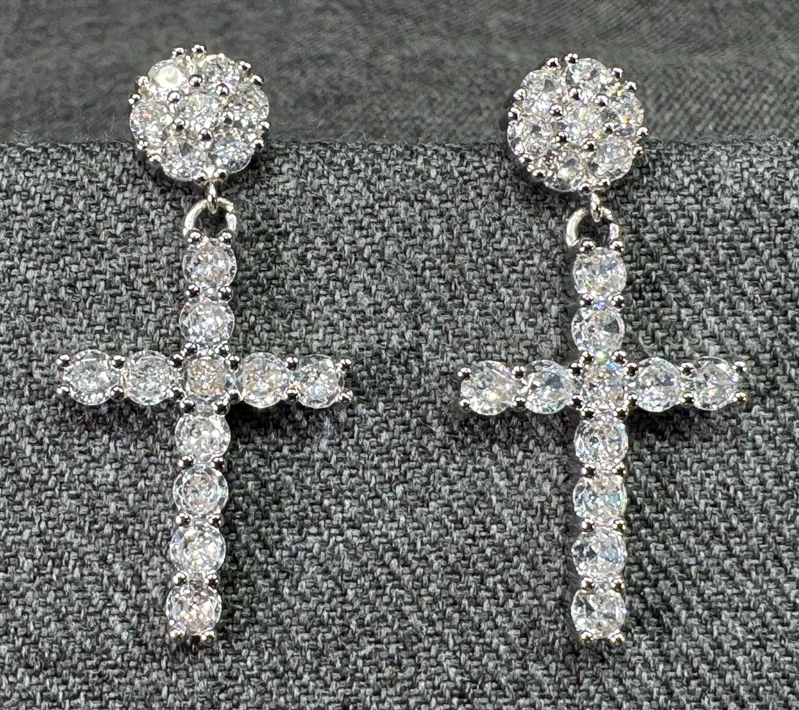 Dangle Cross Clear CZ silvertoned metal flower stud earrings