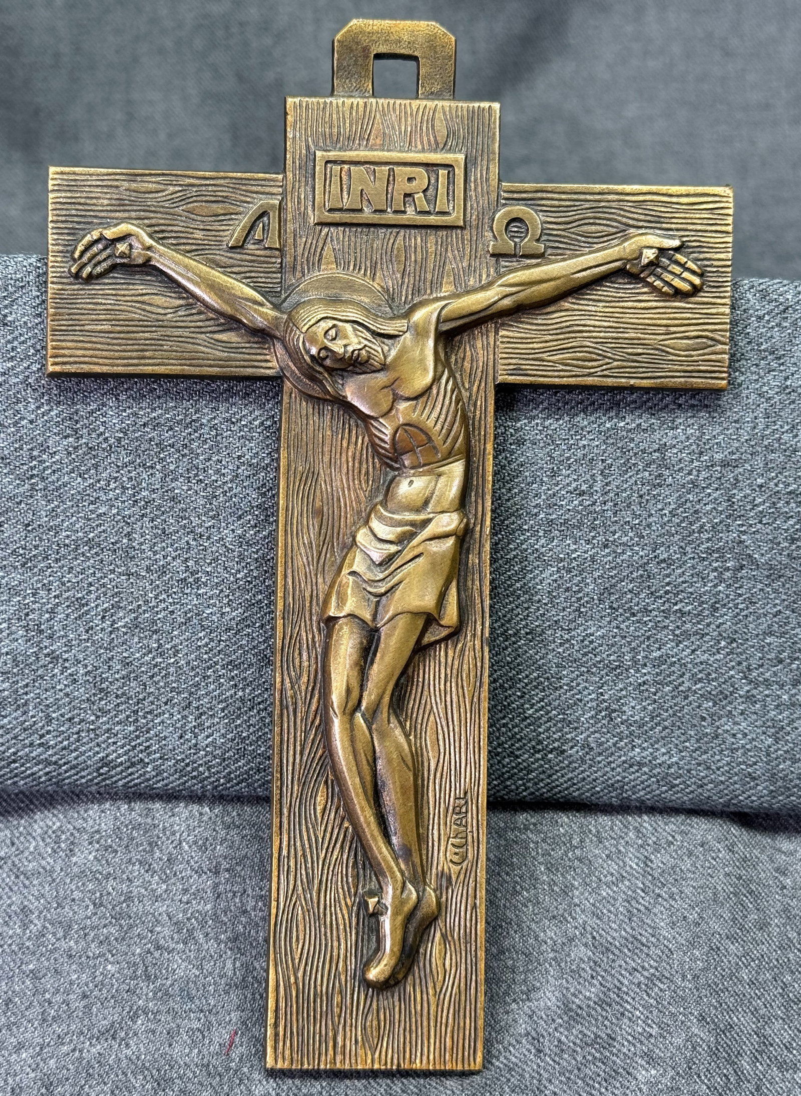 Mid-Century C Charl French Crucifix Wall Plaque. Solid Heavy Bronze *K: Vintage Mid-Century French Solid Heavy Bronze Crucifix Wall Plaque Signed C Charl. Signed C Charl and Marked Made in France. For measures please refer to the pictures taken with a measuring tape. Weig