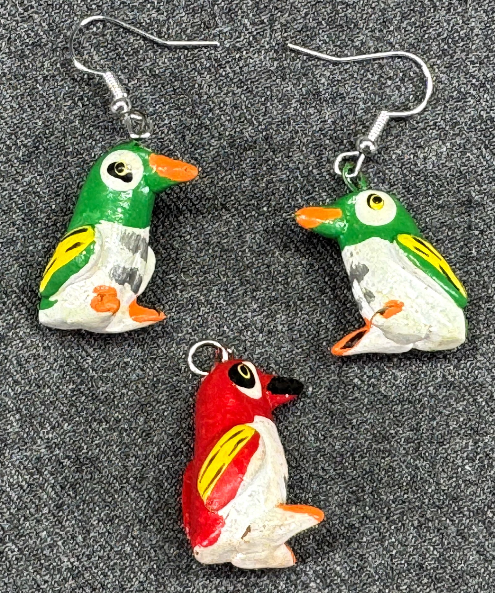 Vintage folk art hand painted wood bird hook earrings and pendant