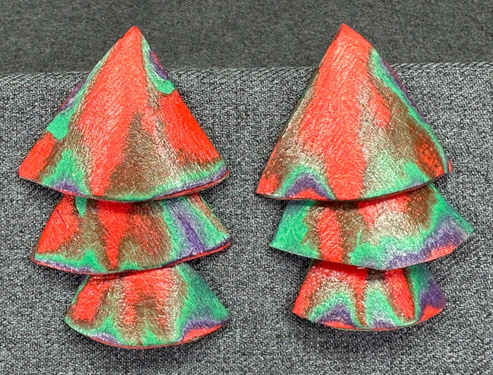 Vintage 1999 Jo Handcrafted Papier Mache Christmas Tree Tiered Dangle Earrings. *i
