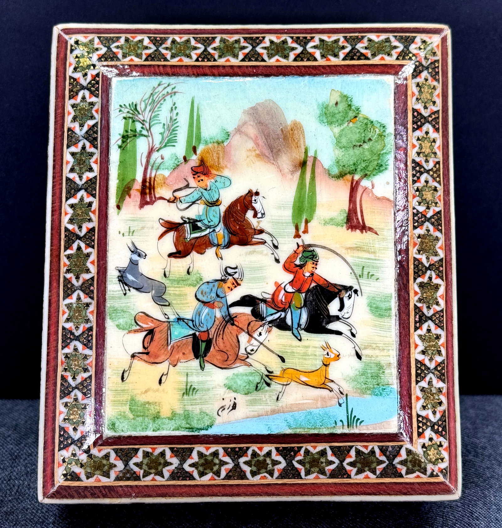 Vintage Khatam Persian Hunting Scene Miniature Painting Wooden Trinket Jewerly box