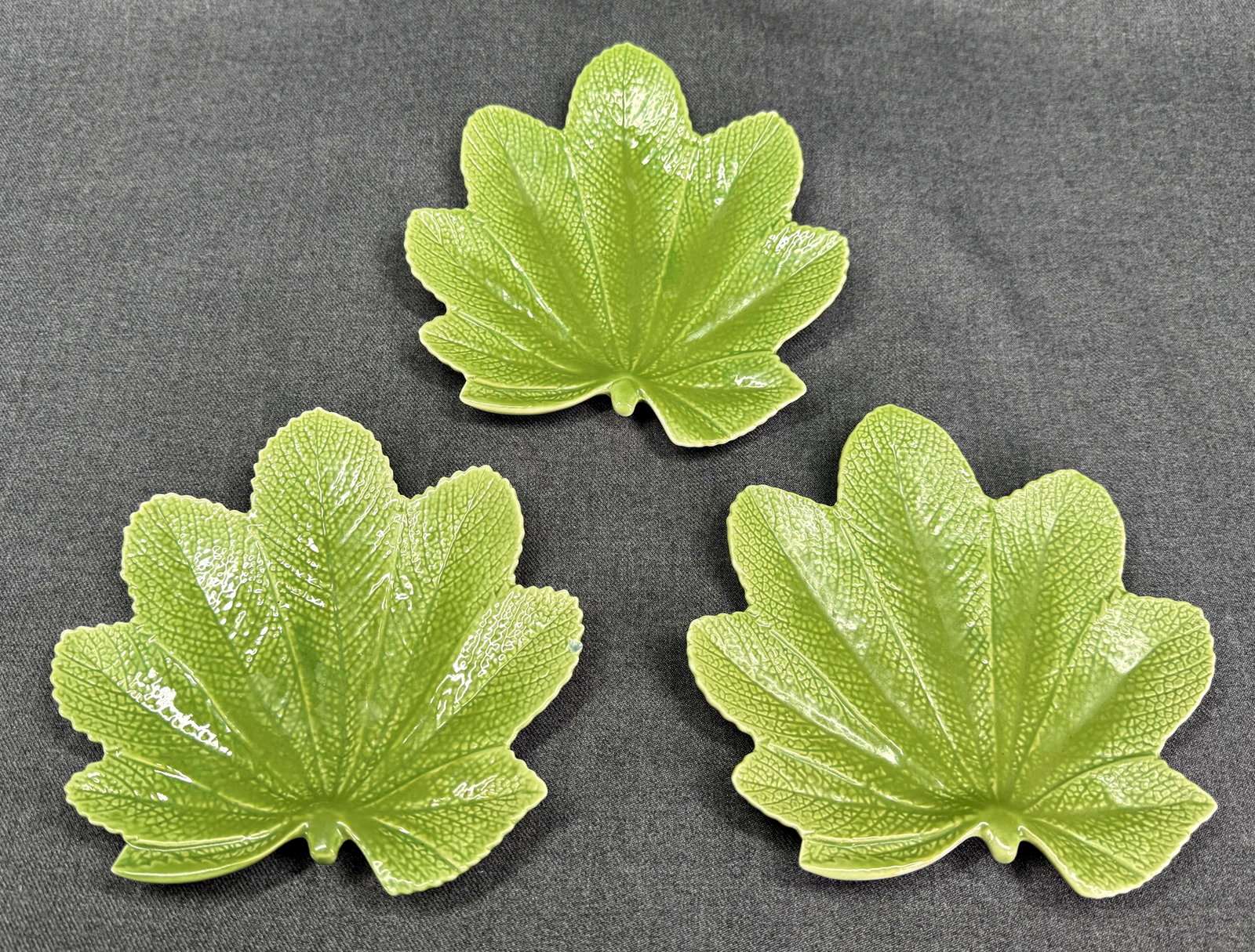 Vintage French Christian Tortu Paris Green Majolica Pottery Leaf Plate Set 3. *i