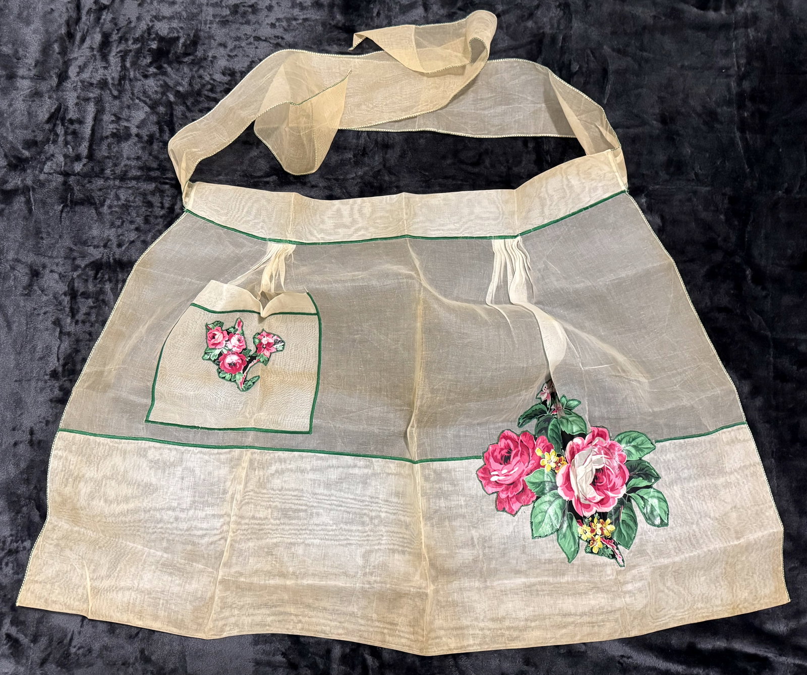 Vintage 1950s Organdy Hostess Half Apron. Floral Rose Applique. Sheer. *K (1 of 8)