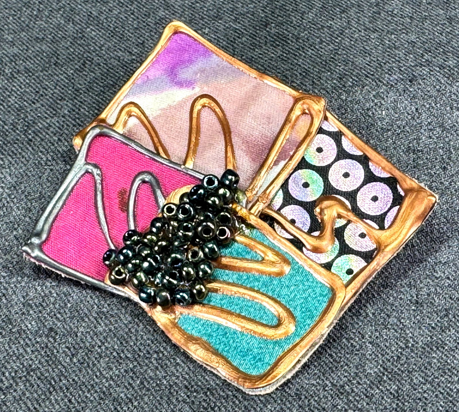 Vintage artsy 1989 Jacklyn F hand crafted leather, glass beads, etc pin brooch