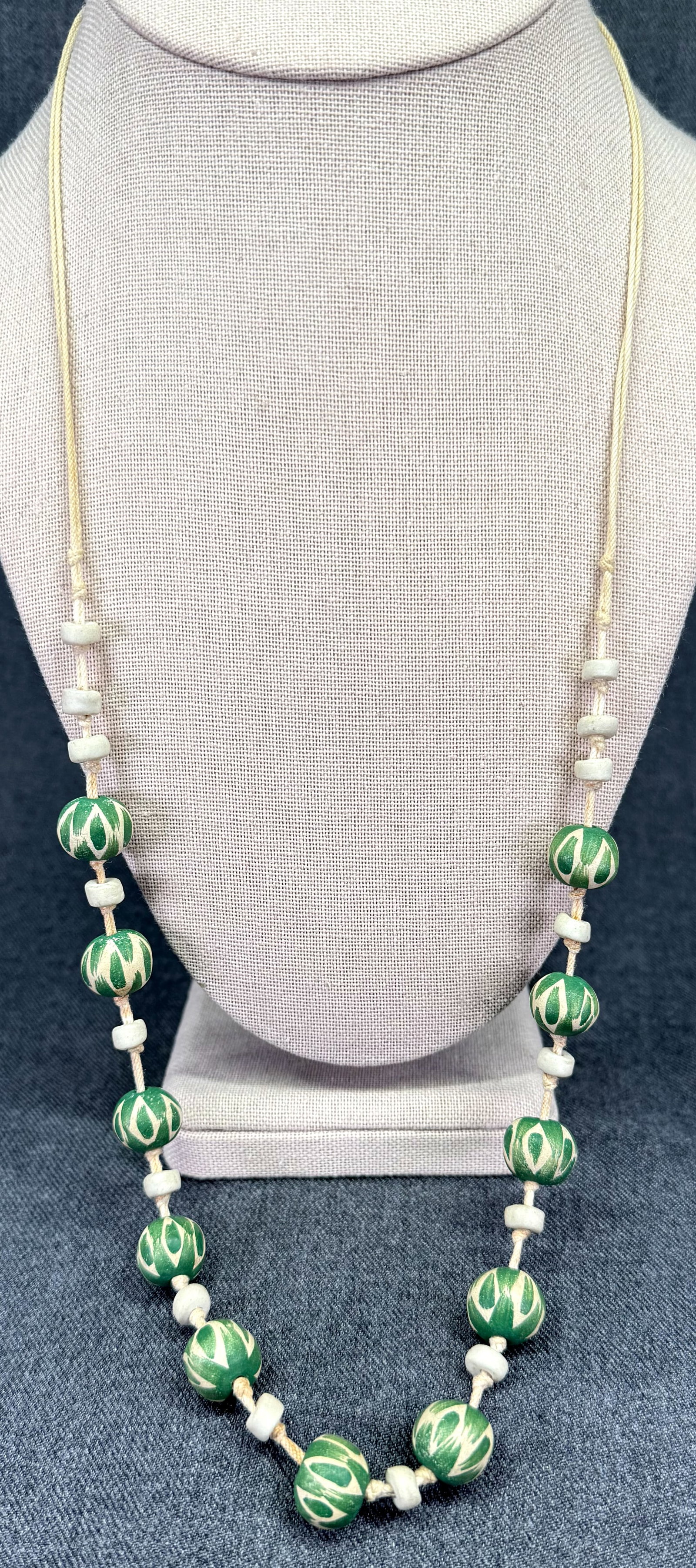 Vintage Artisan Folk Art Handcrafted Pottery Beads, Rope Necklace. *K