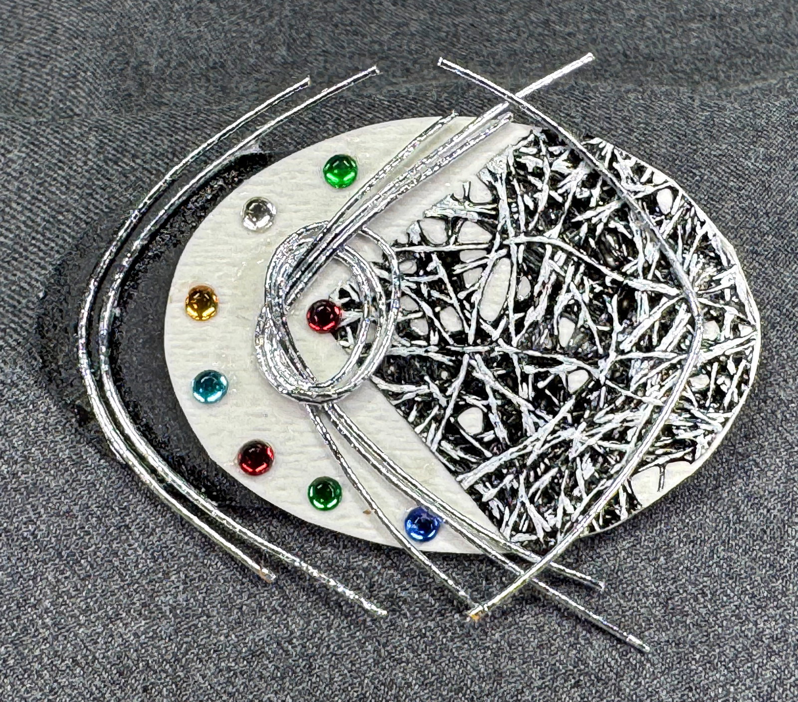 Vintage artsy crafted mix media jeweled paper brooch pin: IN HOUSE FLAT SHIPPING & HANDLING COST WITHIN ALL THE U.S. : $7 To bypass LiveShipping, and use our In-House shipping service for $7 or shipping combined for multiple lots, please select “Arrang
