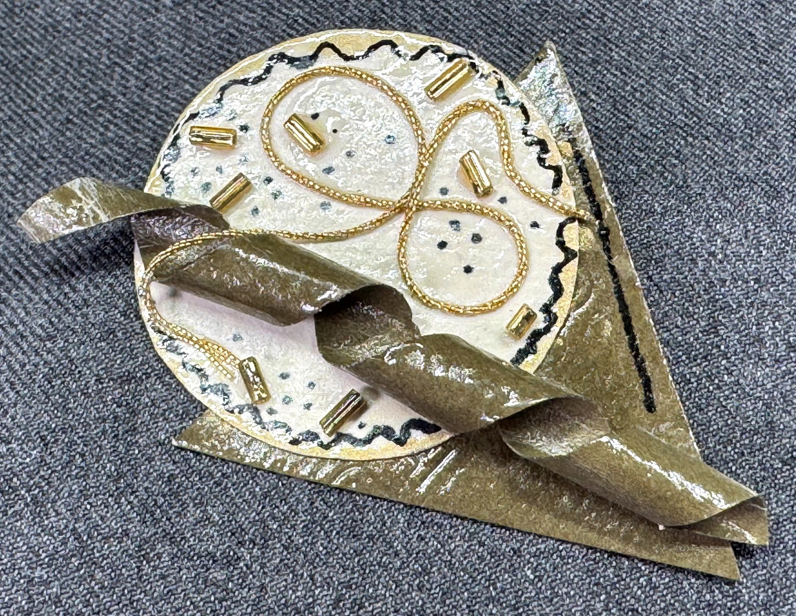 Vintage artsy crafted mix media jeweled paper brooch pin