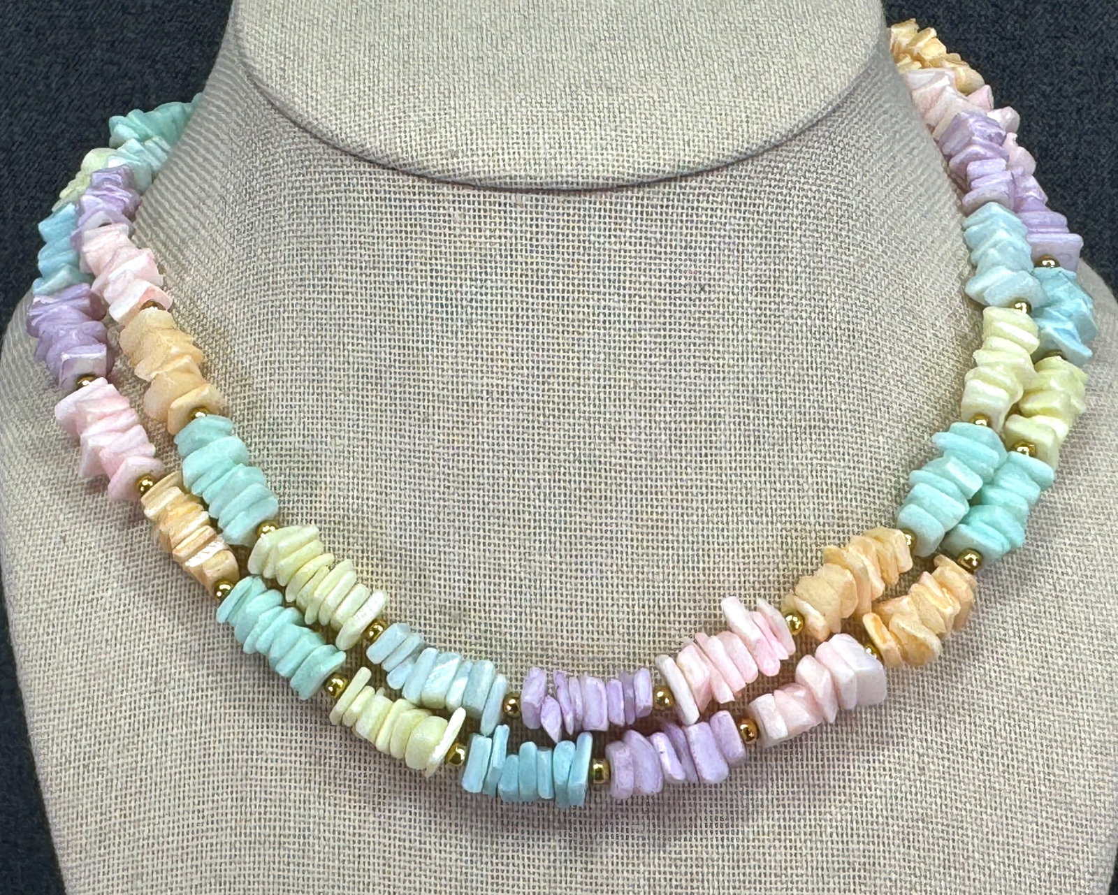 Vintage pastel colors dyed shell chips goldtoned metal necklaces. Lot of 2