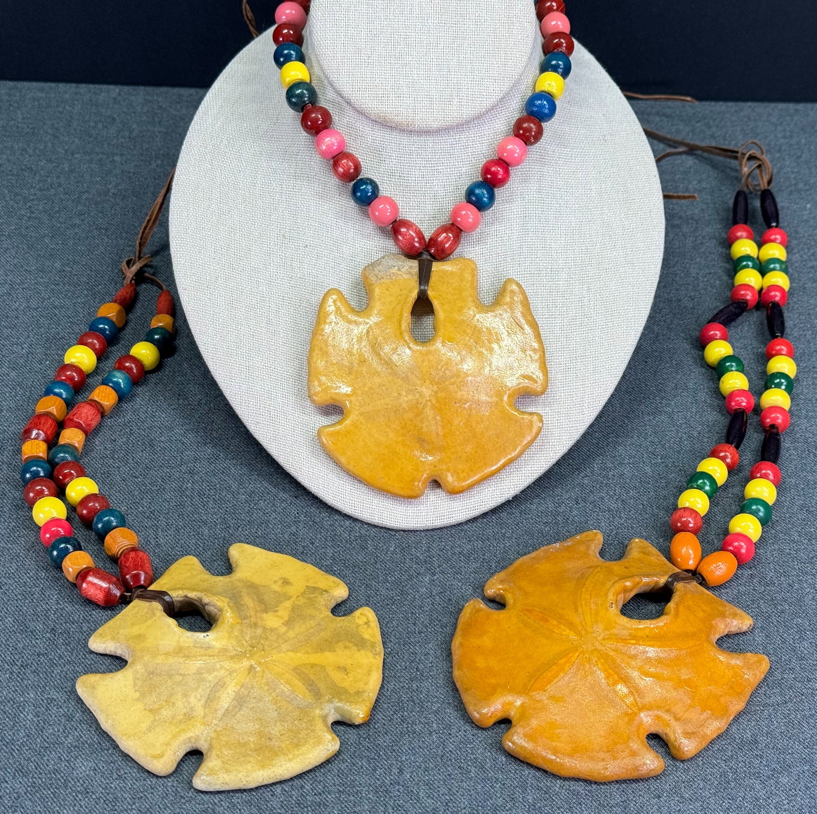 Cover-Up Creations Arizona sand dollar wooden beads leather strap necklace. Lot of 3