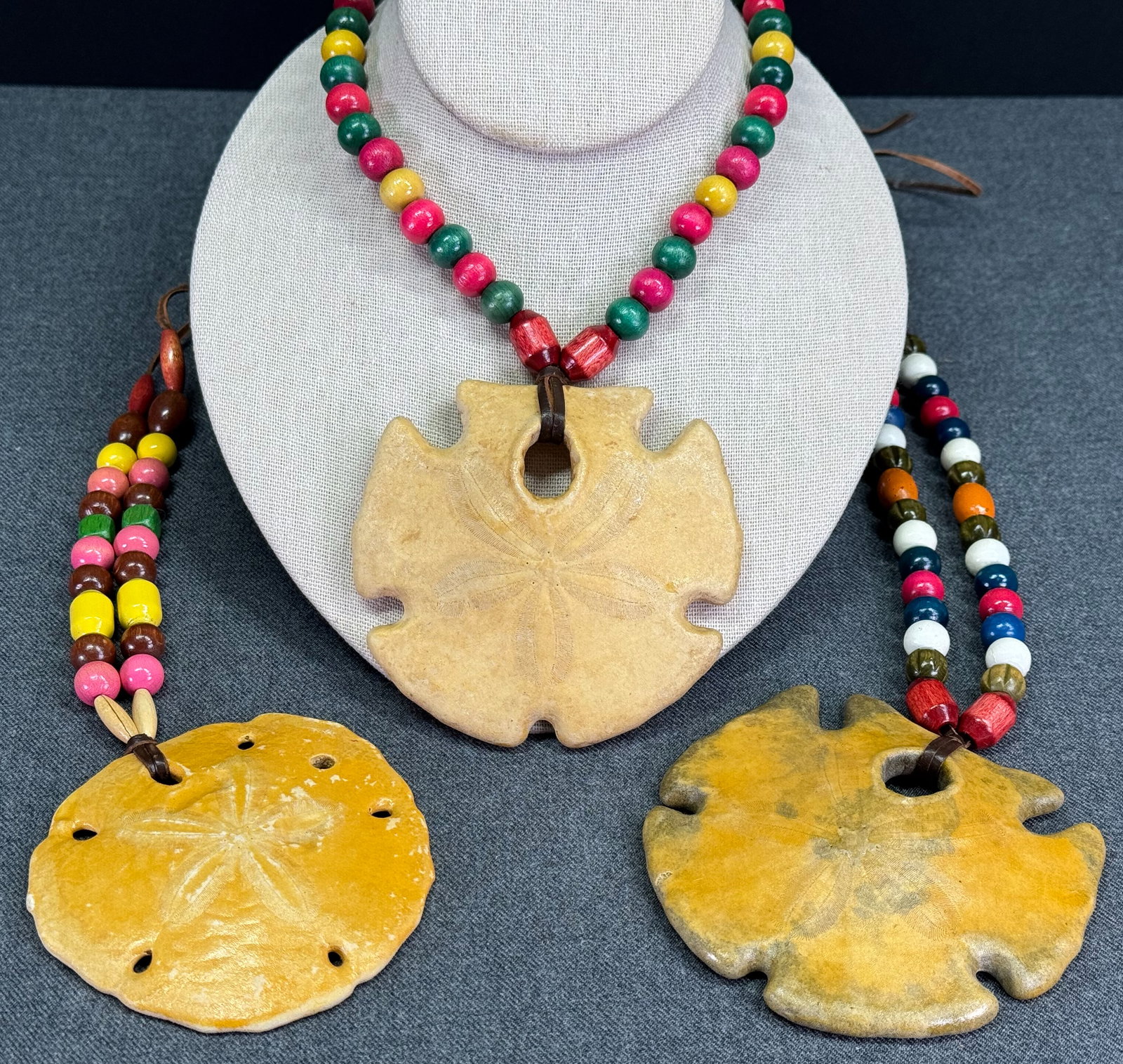 Cover-Up Creations Arizona sand dollar wooden beads leather strap necklace. Lot of 3