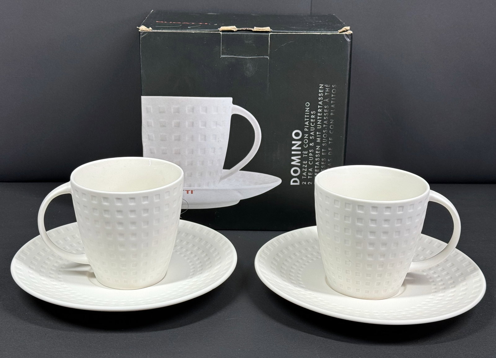 Casa Bugatti Italy Domino Unused Two Porcelain Tea Cups and Saucers. Original box.: IN HOUSE FLAT SHIPPING & HANDLING COST WITHIN ALL THE U.S. : $14 To bypass LiveShipping, and use our In-House shipping service for $14 or shipping combined for multiple lots, please select “Arra