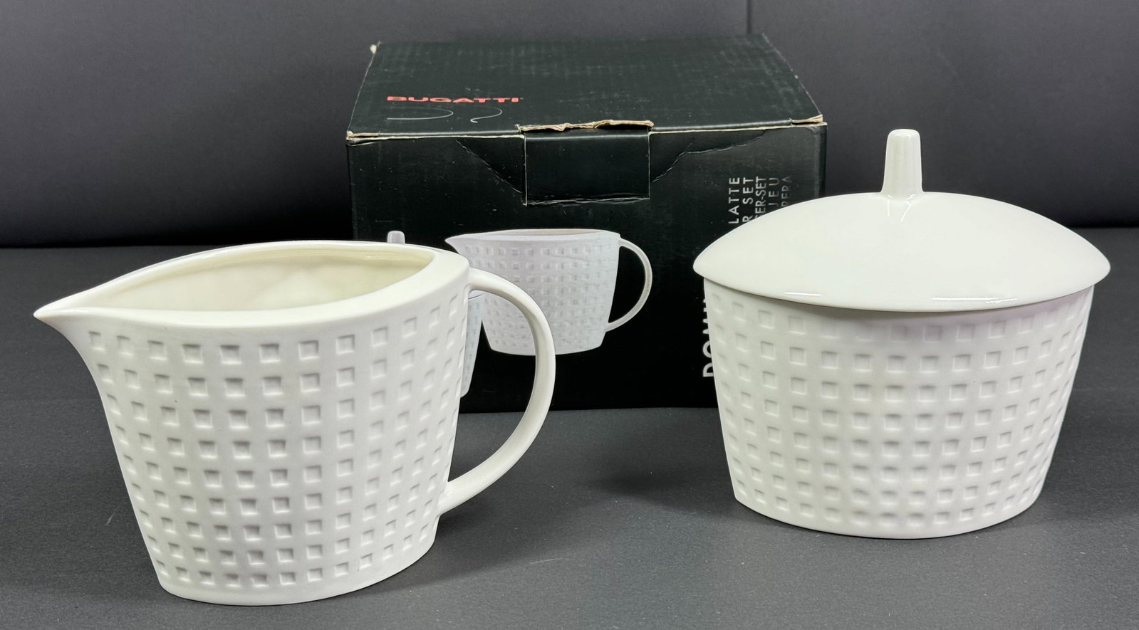 Casa Bugatti Italy Domino Unused Porcelain Sugar and Creamer Set. Original box.