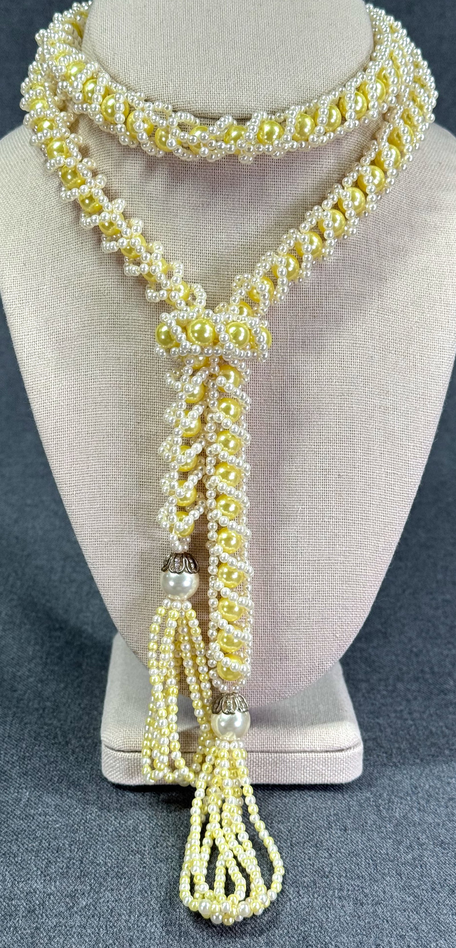 Vintage yellowish & creamy pearly woven beads lariat necklace with slider