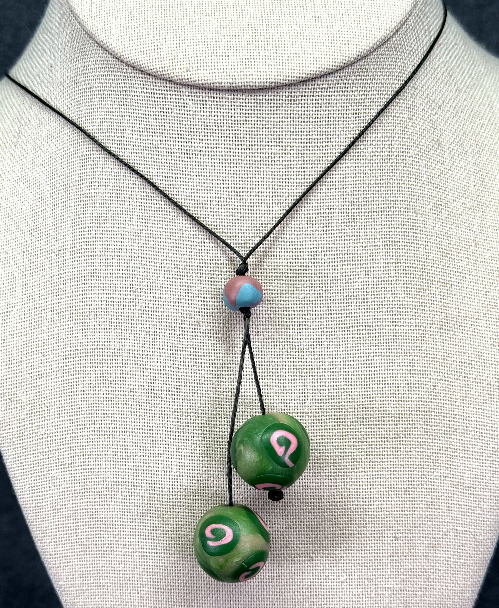 Vintage artsy polymer clay beads cord necklace. #a